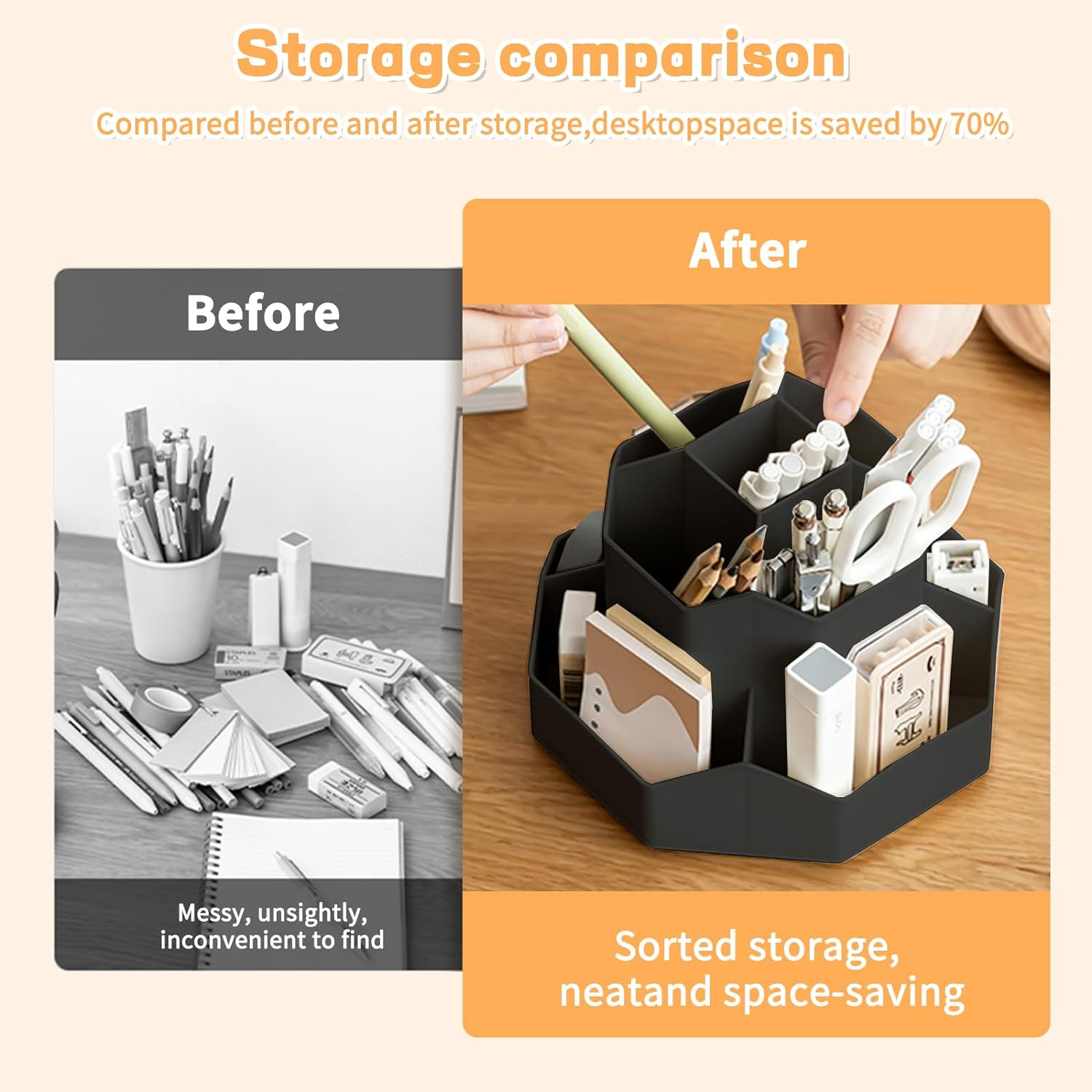 Cayxenful Pencil Pen Holder for Desk,9 Slots 360 Degree Rotating Desk Organizers,Desktop Storage Stationery Supplies Organizer, Cute Pencil Cup Pot for Office, School, Home(Black) - Black image number 3