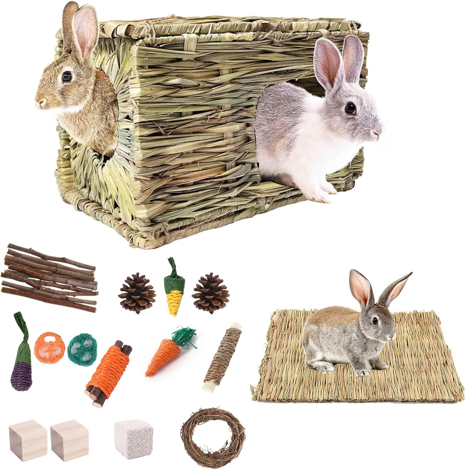 SUSOO Large Rabbit Grass House & Chewing Toy Set &ndash; Foldable Bunny Hideout, Natural Grass Bed,14 Natural Chew Toys with Carrot Shape Rattan, Apple Branch, Pinecone for Hamster, Guinea Pigs&Chinchilla image number 5