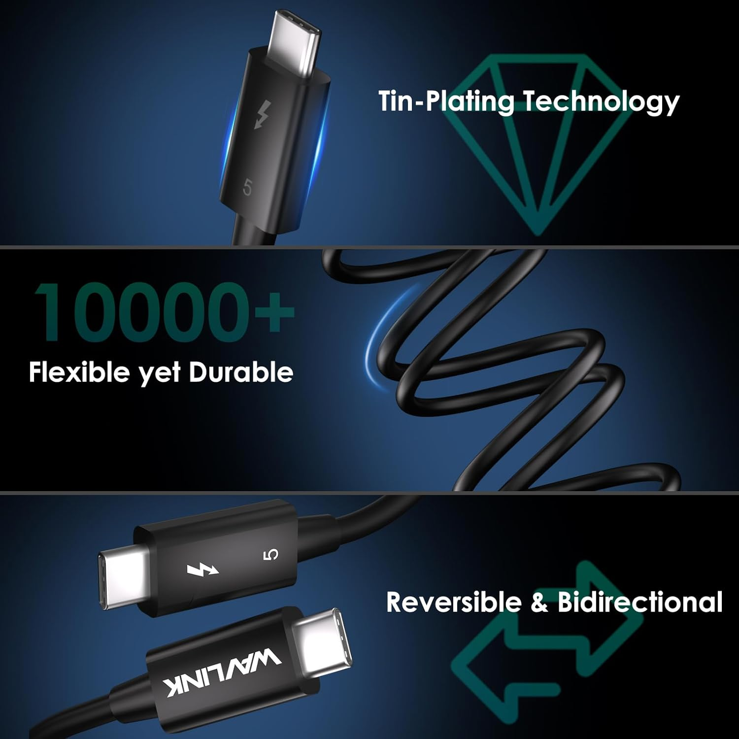WAVLINK Thunderbolt 5 Cable, 120Gbps Fast Data Transfer and 240W Power Delivery USB-C Cable, 8K/16K Display Support, Backwards Compatible Tb4/3/Usb4/3,Ideal for Gaming,Laptops,Monitors and Docks-0.29M image number 3