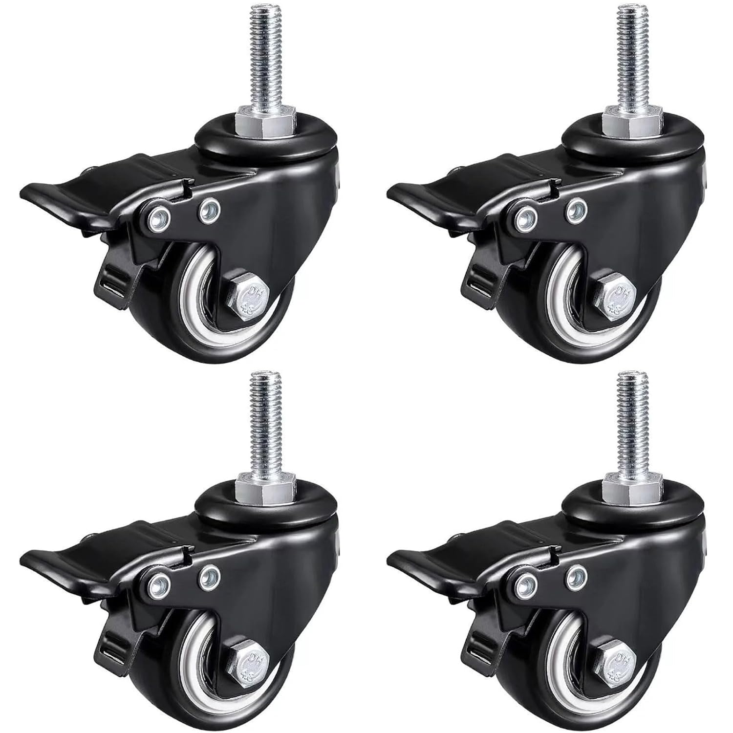MYLEUS 4PCS 2" Heavy Duty Swivel Castor Wheels with Brake,With M8X25 Threaded Stem and Nuts,No Floor Marks, 600Lbs Capacity, for Furniture Workbench Trolley image number 4