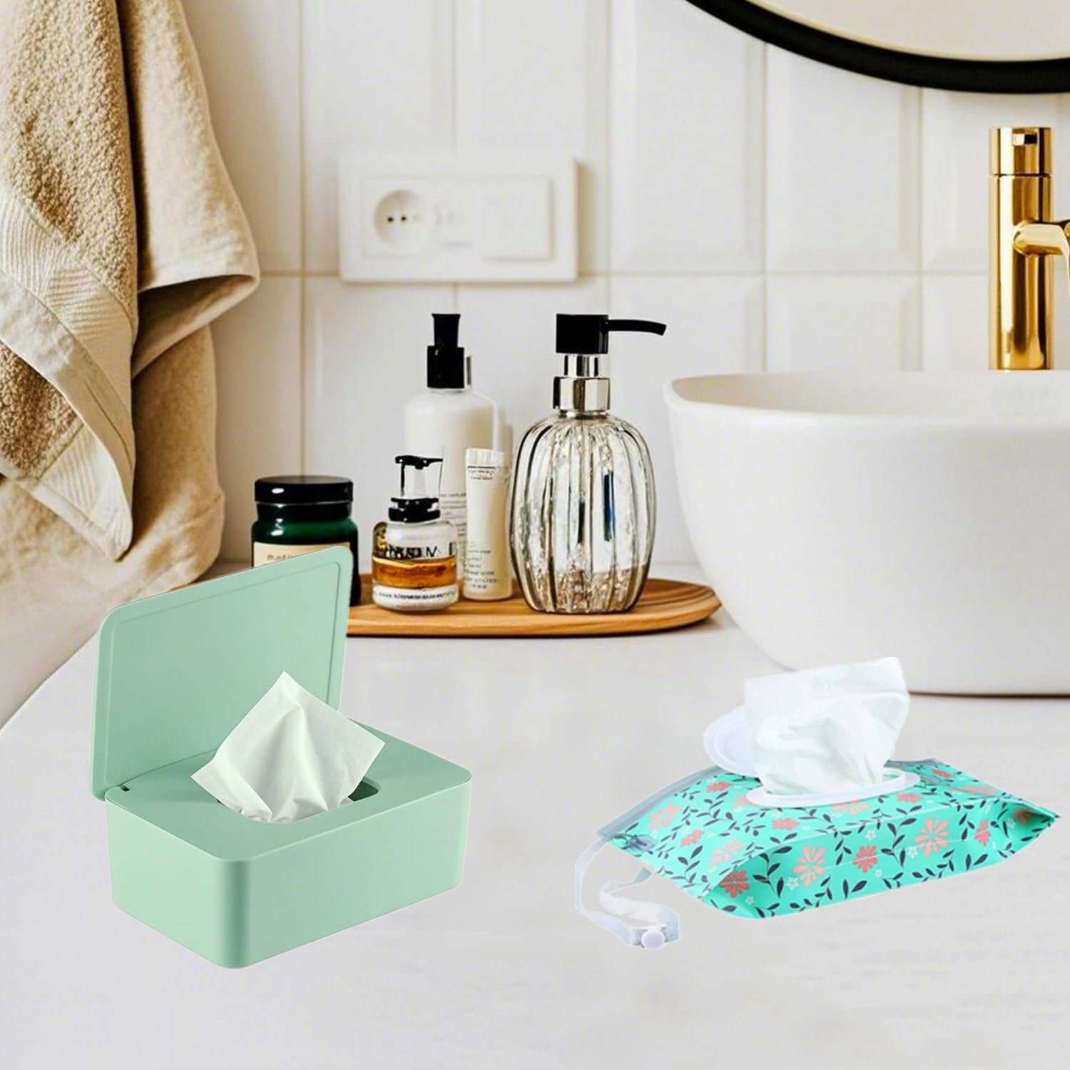 Wipes Dispenser with 2Pcs Portable Refillable Wipe Holder,Reusable Large Wipe Holder Box Flushable Wipes Case Bathroom Wipes Container for Pet Nursery Kitchen Office Counter(Green) - Green image number 5