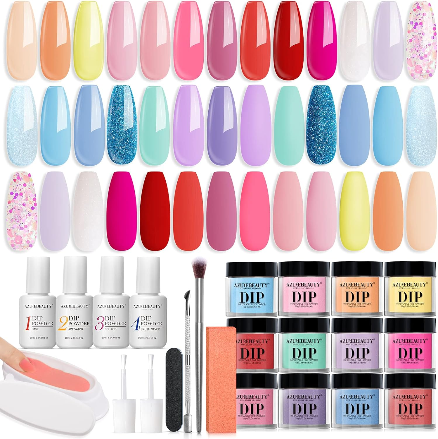 AZUREBEAUTY 31Pcs Dip Powder Nail Kit Starter 20 Colors Pastel Spring Summer Pink Acrylic Dipping Powder Set with Top/Base Coat Activator & Recycling Tray for Macaron French Manicure Salon