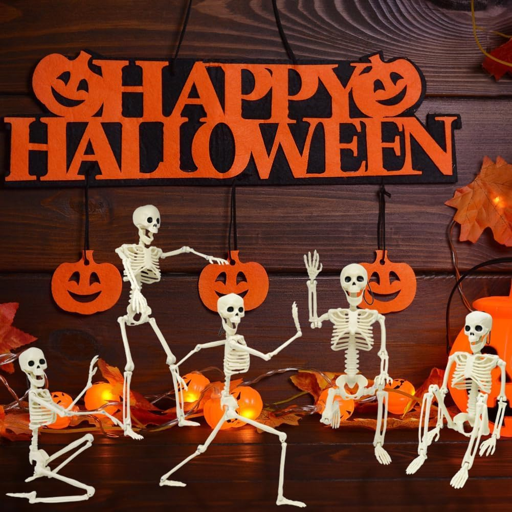 2 Pcs Halloween Skeleton Decorations, 16 Inch Full Body Skeletons Realistic Human Plastic Bones with Posable Joints, Hanging Spooky Skeletons for Halloween Indoor Outdoor Party Home Decor image number 2