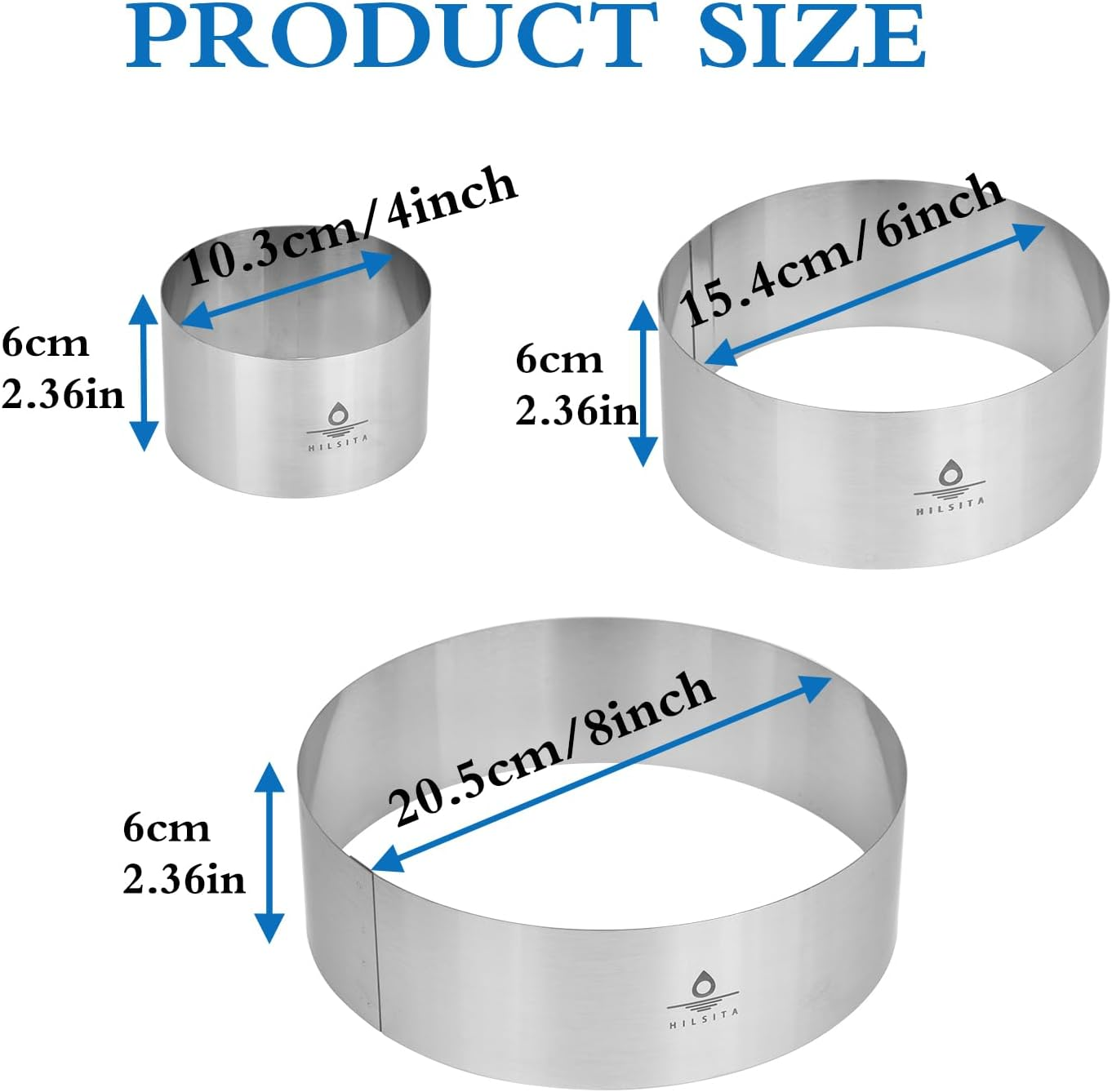 Hilsita 3Pcs Cake Molds for Baking, Stainless Steel Mousse Cake Rings, Mousse Ring Mold round for Bakeware Tools-4/6/8In (3.94''H) (2.36''H) image number 2