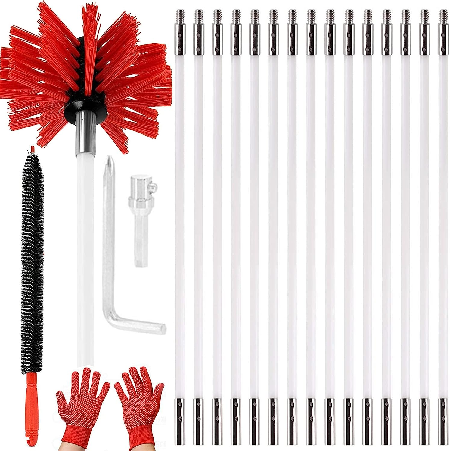 20Pcs Chimney Cleaner Brush Clean Rotary Sweep System Fireplace Kit Rod Tool Set Home Kichen Cleaning Brush, with Handheld Long Brush,Gloves,15 Flexible Rods, Brush Head for Fireplace/Dryer Vent image number 3