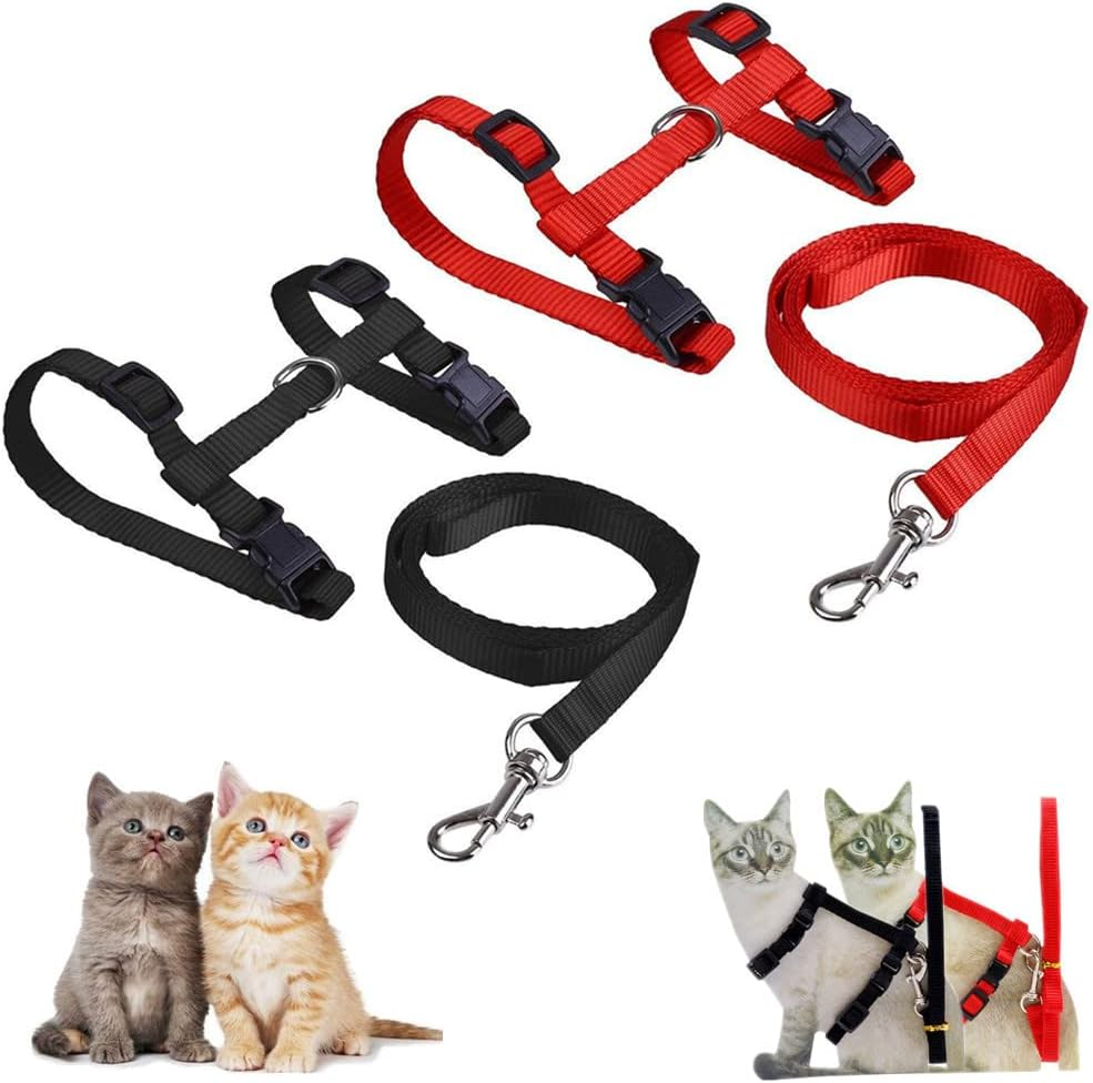 2 Pack Cat Harness and Leash, Adjustable Comfortable Nylon Pet Strap Collar with Leash, Escape Proof Safety Rope Leads Chest Strap for Kitten Puppy Rabbits Walking Training (Black & Red) image number 1