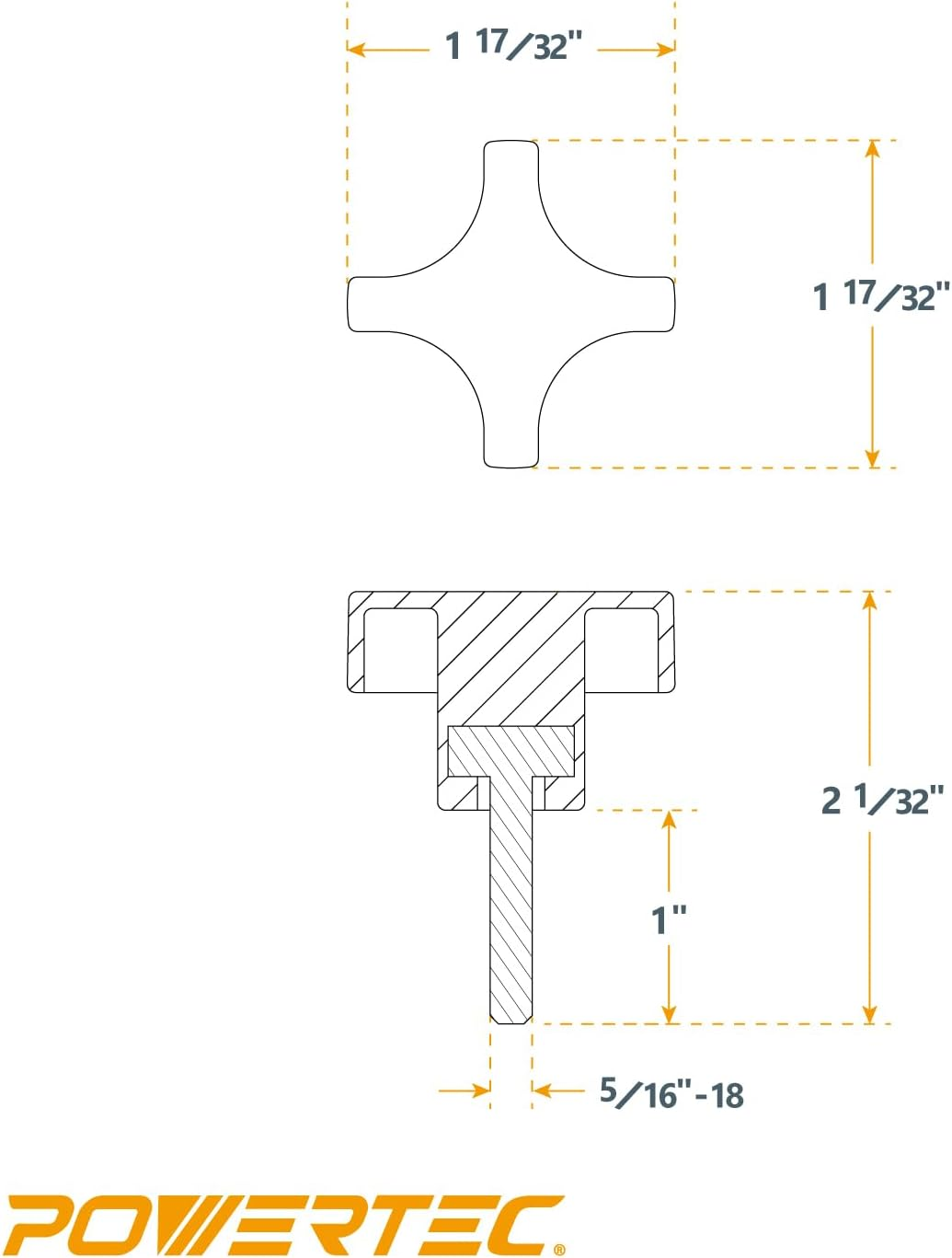 POWERTEC QNB3009-P2 4-Point Stud Knobs, 5/16"-18 Threaded Thumb Screw Star Knob with 1" Stud, 10 PK image number 3