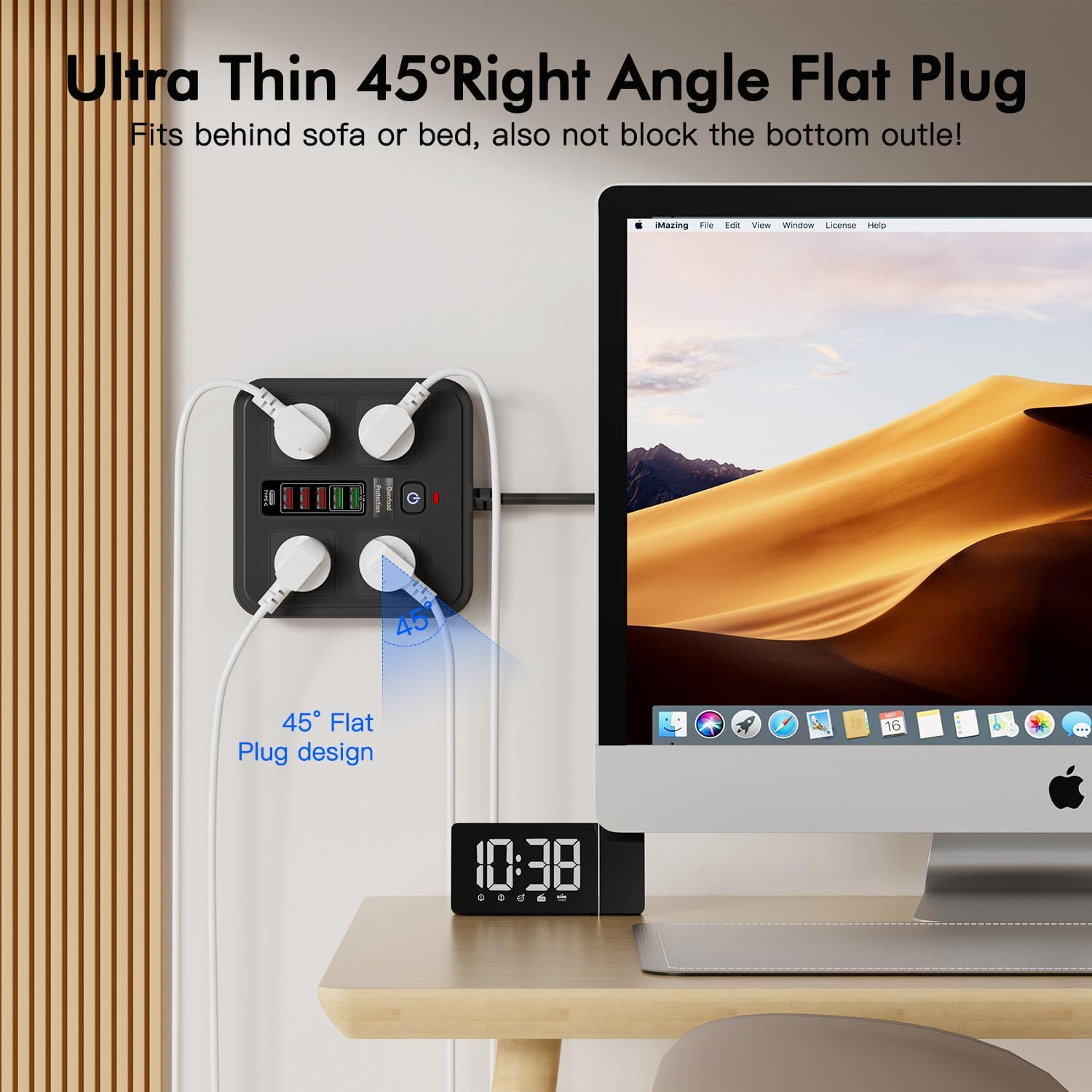 Lvpradior 10-In-1 Power Board with 4 AC Outlets & 6 USB Ports (5 USB-A + 1 USB-C) &ndash; 2500W Surge Protector, 1.8M Extension Cord, Wall Mountable for Home Office, Kitchen & Gaming(Black) - Black image number 6