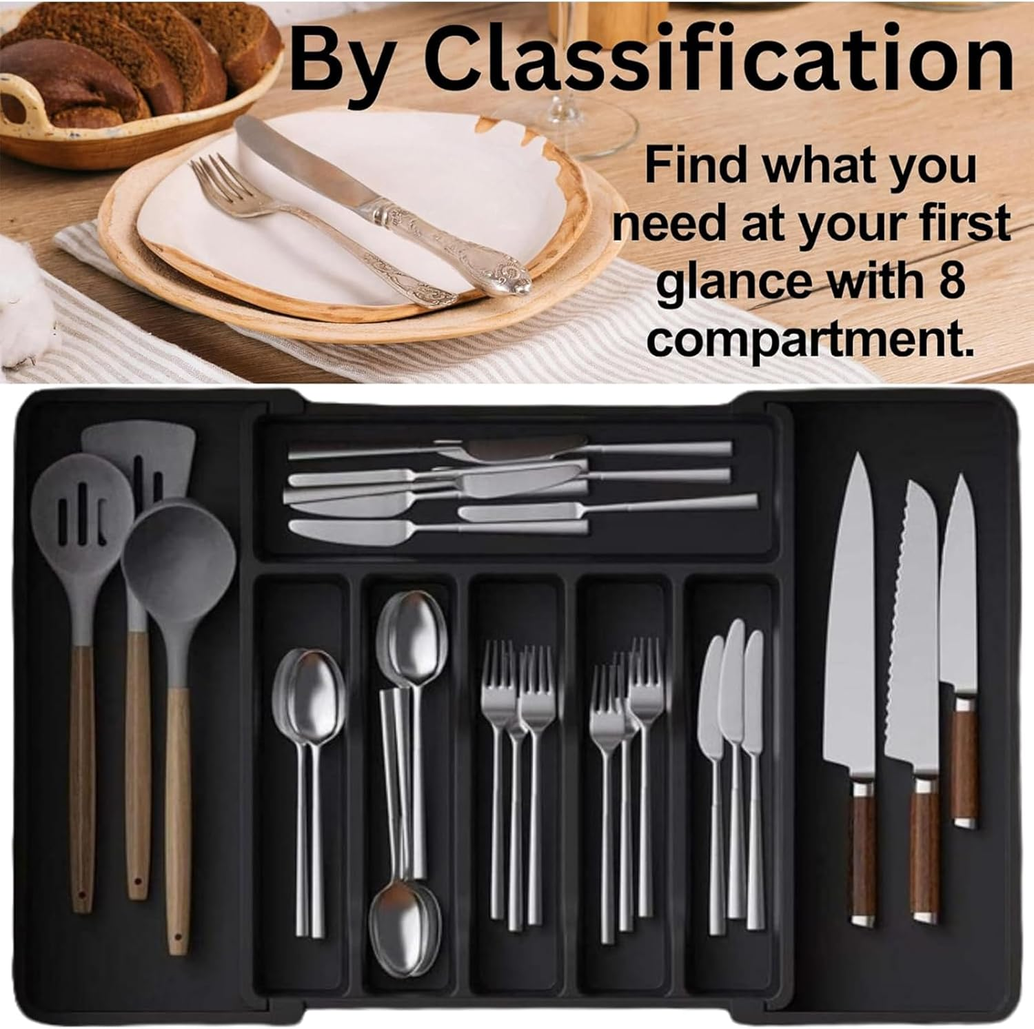 Expandable Cutlery Drawer Organizer, Flatware Utensil Tray for Kitchen, Adjustable Cutlery Storage for Forks, Knives, Multipurpose Kitchen Organizers (Black) image number 4