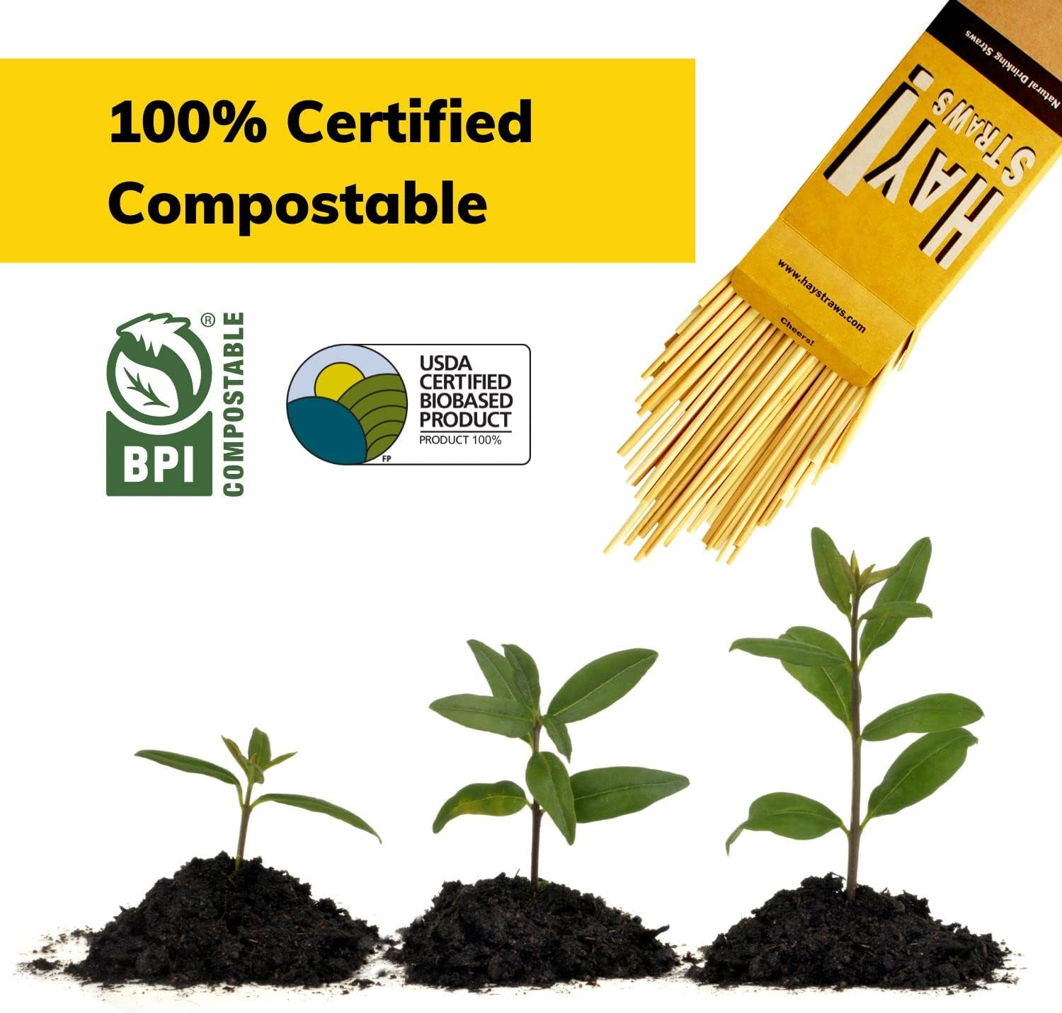 HAY! Straws Cocktail Straw | 100Ct | 5" | 100% Biodegradable, 100% Plant-Based, Never Soggy, Gluten-Free | Sustainable Alternative to Plastic & Bioplastic Straws image number 5