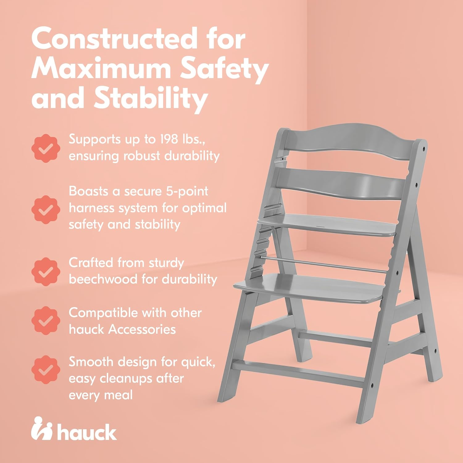 Hauck Alpha+, Grey - Wooden High Chair 6 Months to Adult Sustainable FSC&reg; Certified Beechwood Toddler Feeding and Entertainment Chair, Inclusive 5-Point Harness Bumper Bar Crotch Strap image number 6