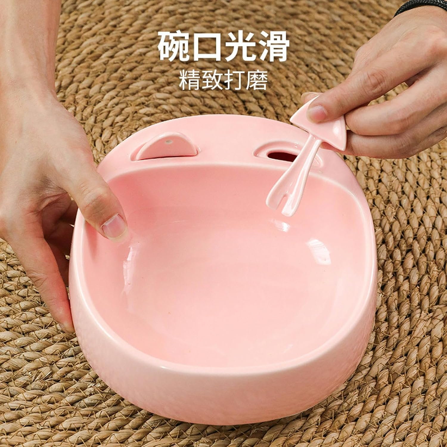 Cat Supplies Cat'S Ears with Fork Spoon Dog Drinking Rice Bowl Pet Cat Bowl No-Spill Non-Slip Pet Water Bowl-Green image number 1