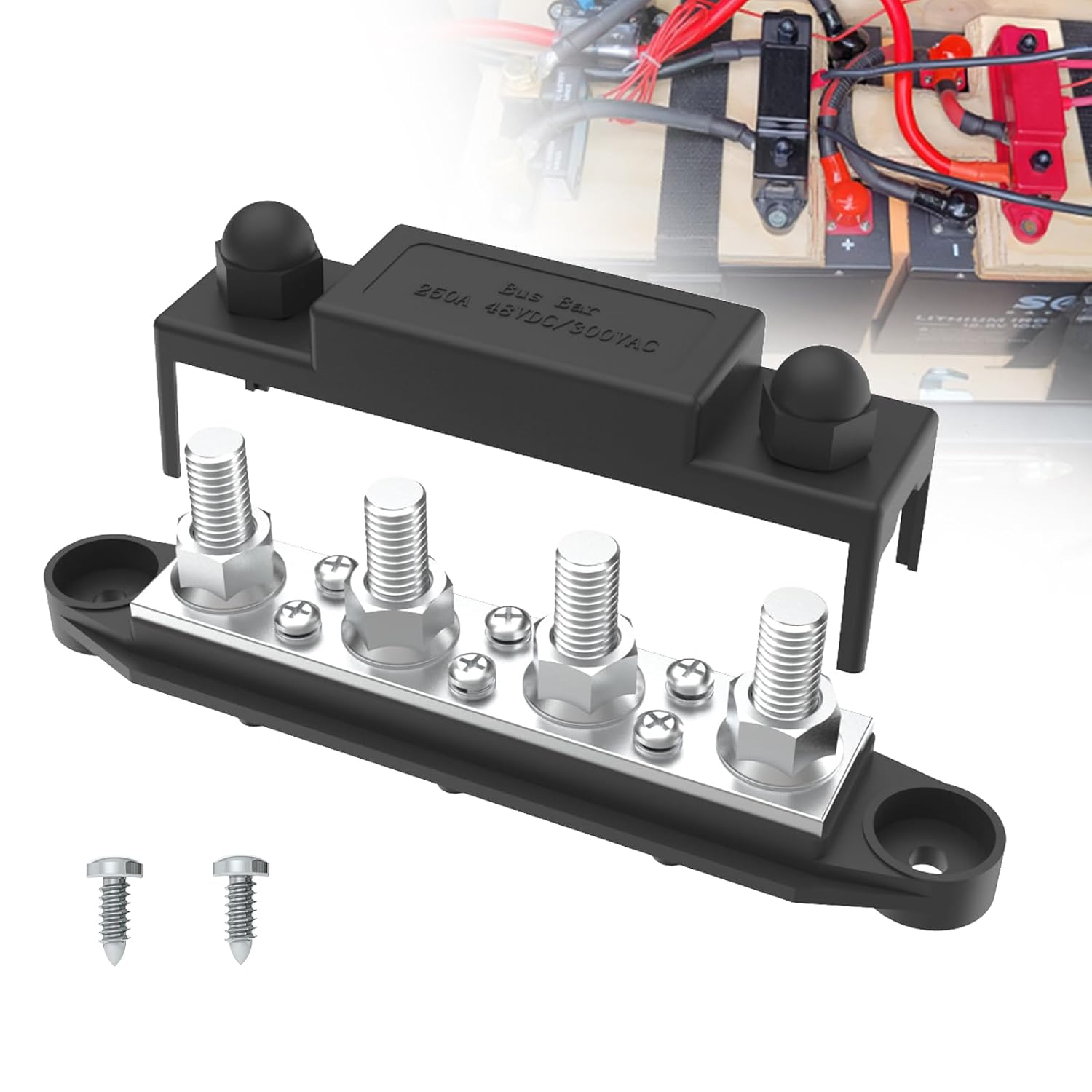 Upgraded Bus Bar 250A 12V Power Distribution Block with 3/8" (M10) 4-Posts Terminals Block with Cover for Automotive, Marine, Battery System(Black & Red)