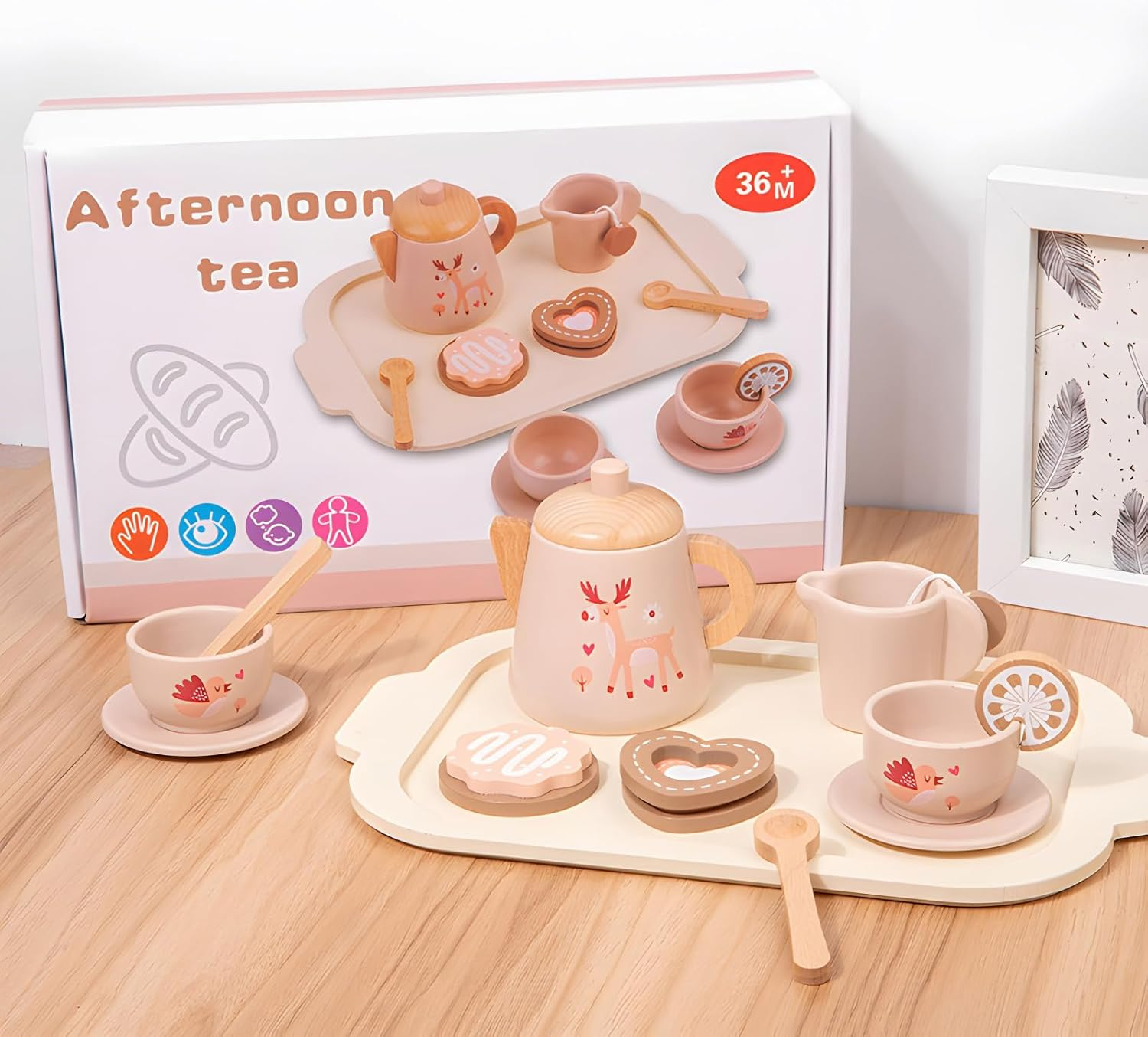 Wooden Tea Party Set for Little Girls, Play Kitchen Accessories for Toddlers Princess Tea Time Party Food Toys for 3 4 5 6 Years Old Gifts image number 4