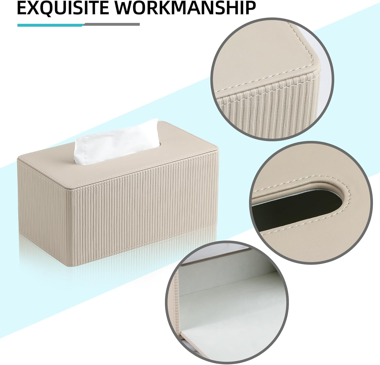 Cretkhp PU Leather Tissue Box Cover with Magnetic Closure, Modern Rectangular Tissue Box Holder Decorative for Bathroom Vanity Countertop Night Stands Bedroom Office (Beige Striped, Rectangular) image number 2