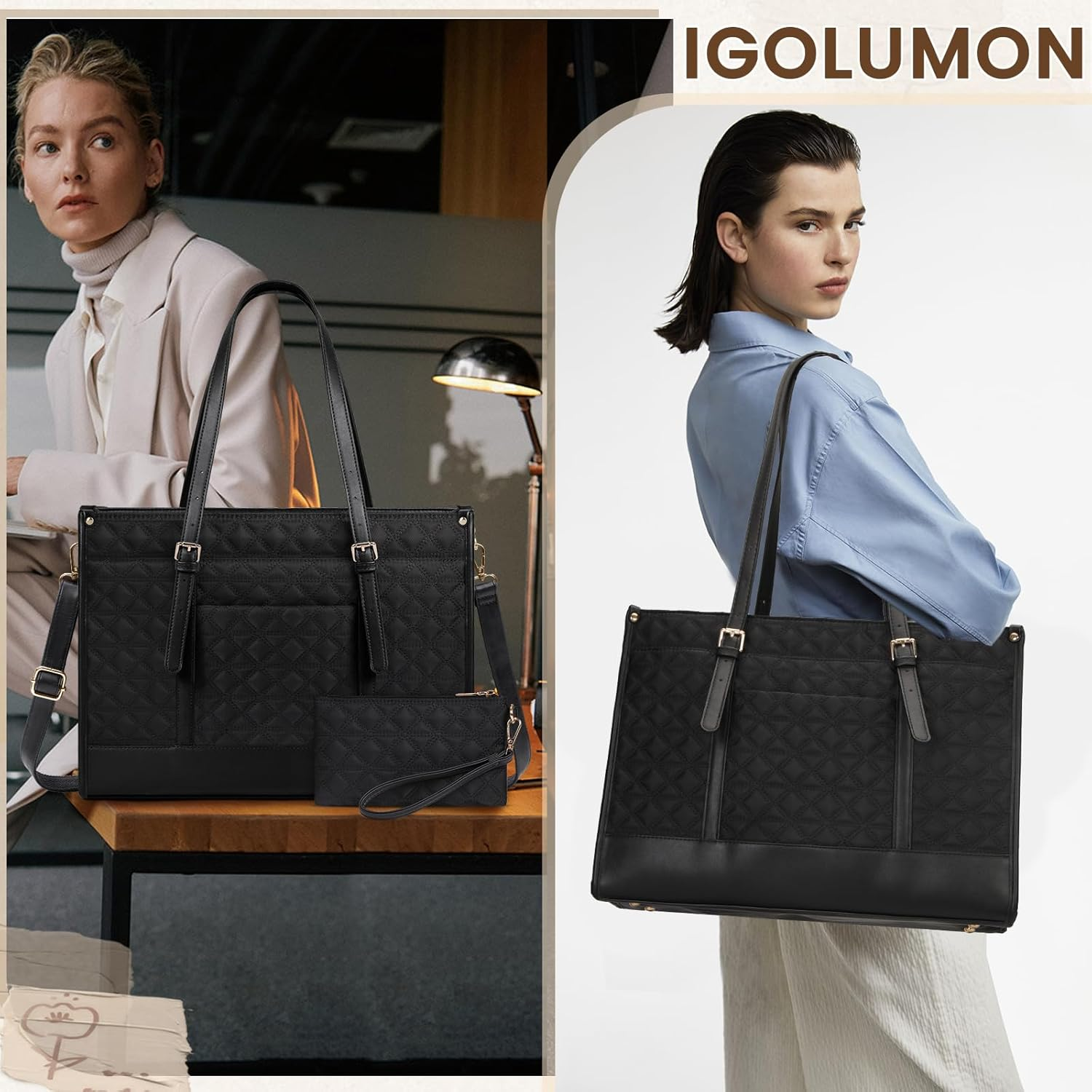 IGOLUMON Laptop Bag for Women 15.6 Inch Vegan PU Leather Work Tote Bag Designer Quilted Womens Briefcase with Clutch Purse