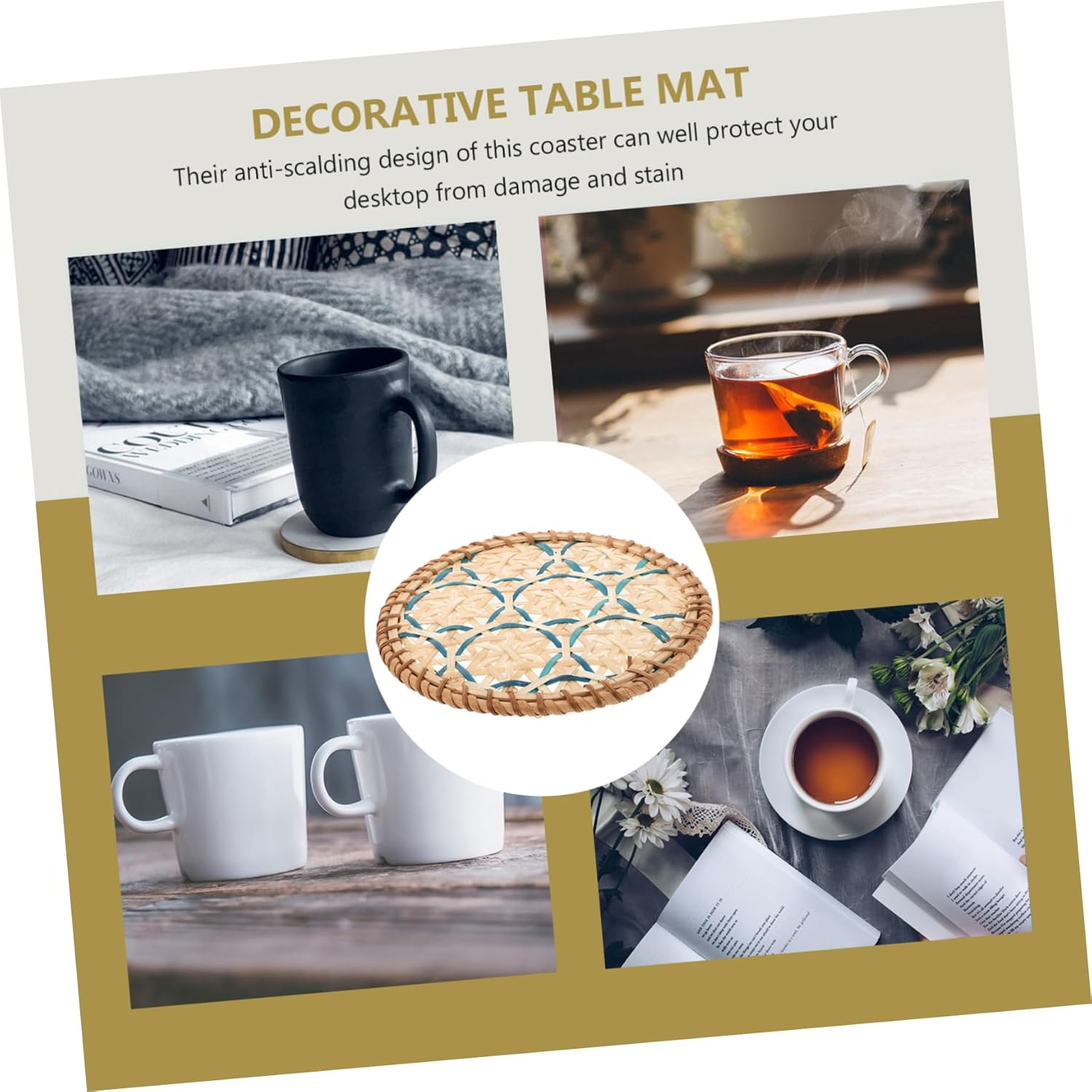 Rustic Woven Rattan Coaster Heat Insulation Mat for Coffee Bar Tea Cup Holder image number 1