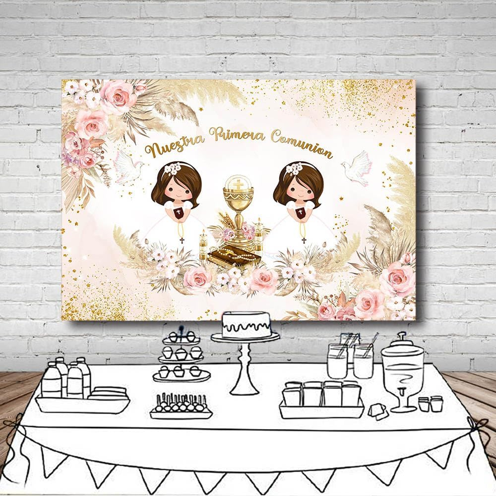 MEHOFOND 2.1 X 1.5 M Boy and Girl Twins Christening Background Our First Communion Bohemian Flowers Pencil Grass Photography Background Cross Christening Party Decoration Banner Props image number 2