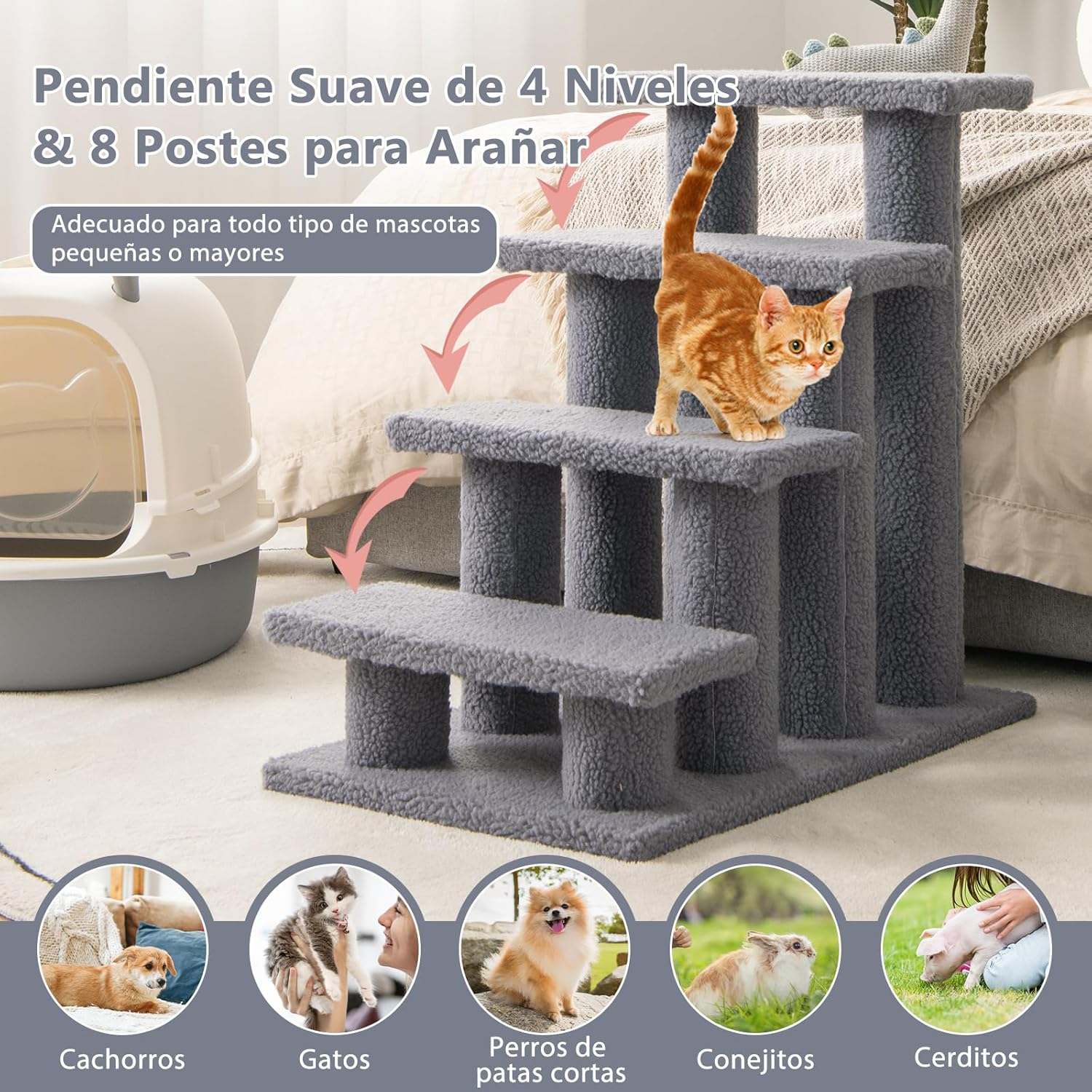Costway 4-Step Pet Stairs for Cats and Dogs, Carpeted Cat Scratching Post Pet Ramp, 60.5 Cm Indoor Multi-Step Dog Stairs for High Beds, Couch and Sofa, Easy Assembly, Grayish White image number 2