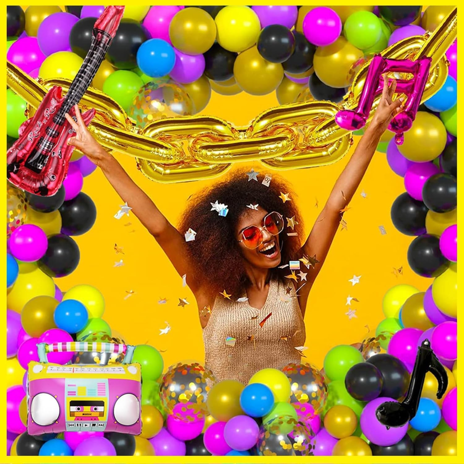 Kuskins 80S 90S Balloon Garland Arch Kit, 111Pcs Retro Music Themed Party Decorations, Radio Boom Box & Foil Balloons for 80S 90S Hip Hop Birthday, Balloon Arch Kit, Nostalgic Theme Party Supplies image number 5