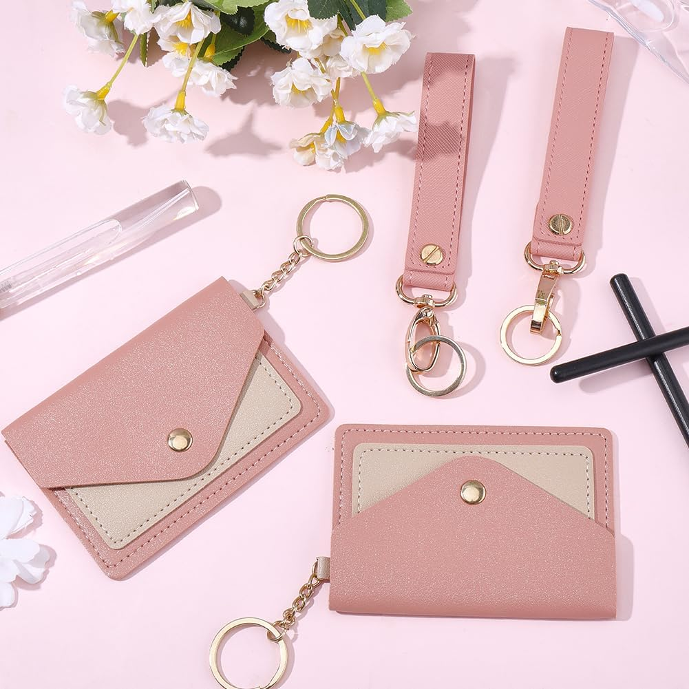 SUNNYCLUE 1 Box 2 Sets Pink Leather Wristlet Keychain Cute Key Chain Wallet Cute 2Pcs Wrist Landyard Strap 2Pcs Card Bags Hloder Keyring for Women Purse Car Fob Door Keys Accessories Adults No Lost image number 3