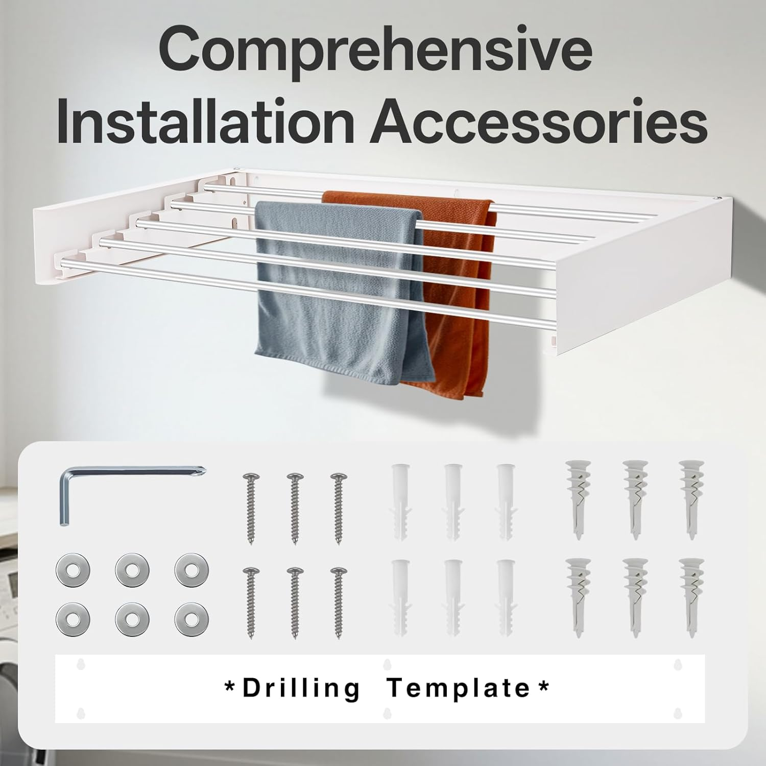 Aubeco Wall Mounted Drying Rack, Foldable Laundry Racks for Clothing, Towel, 5 Stainless Steel Rods, 31.5Inch, White image number 6