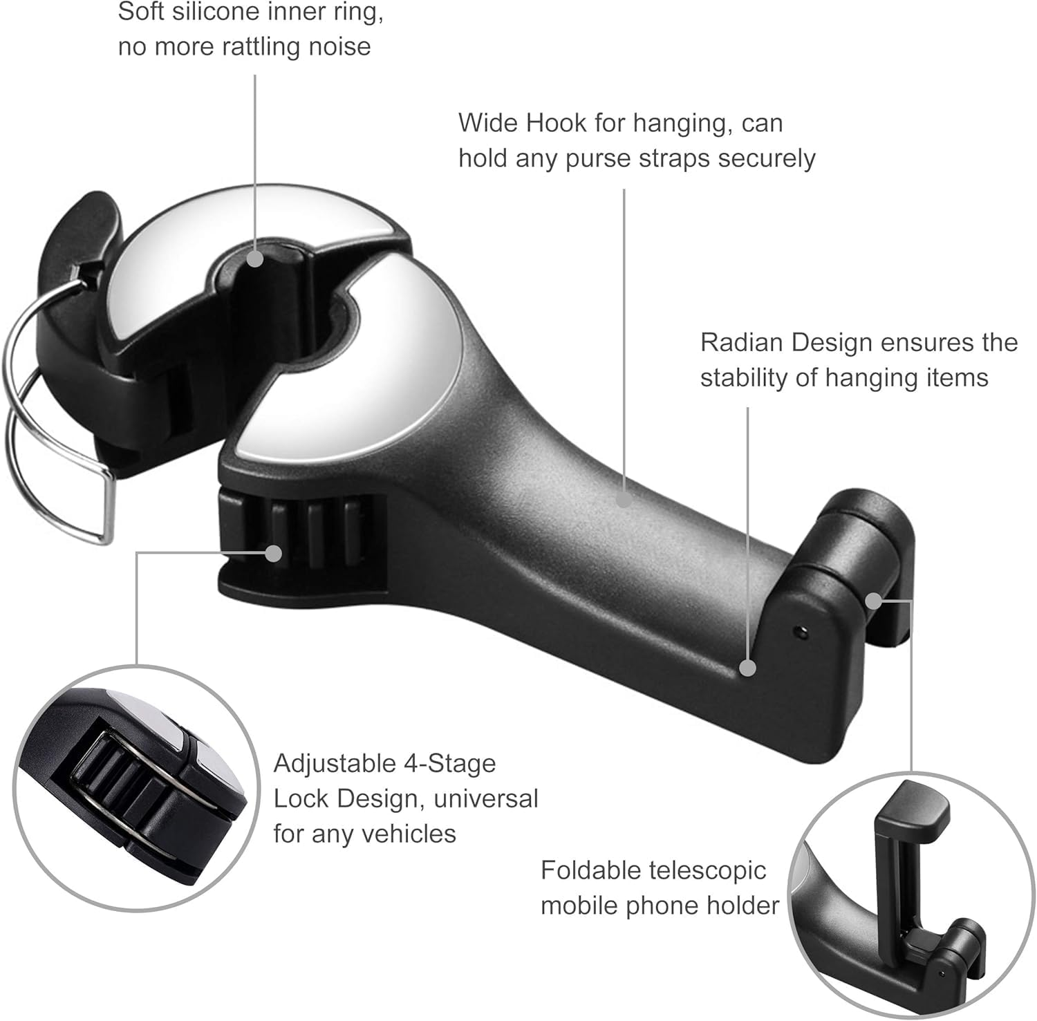 2 in 1 Car Seat Hooks for Purses and Bags with Phone Holder，Automative Headrest Purse Handbag Holder Hangers Organizers,Falling Resistance, Quietness and Universal Fit image number 3