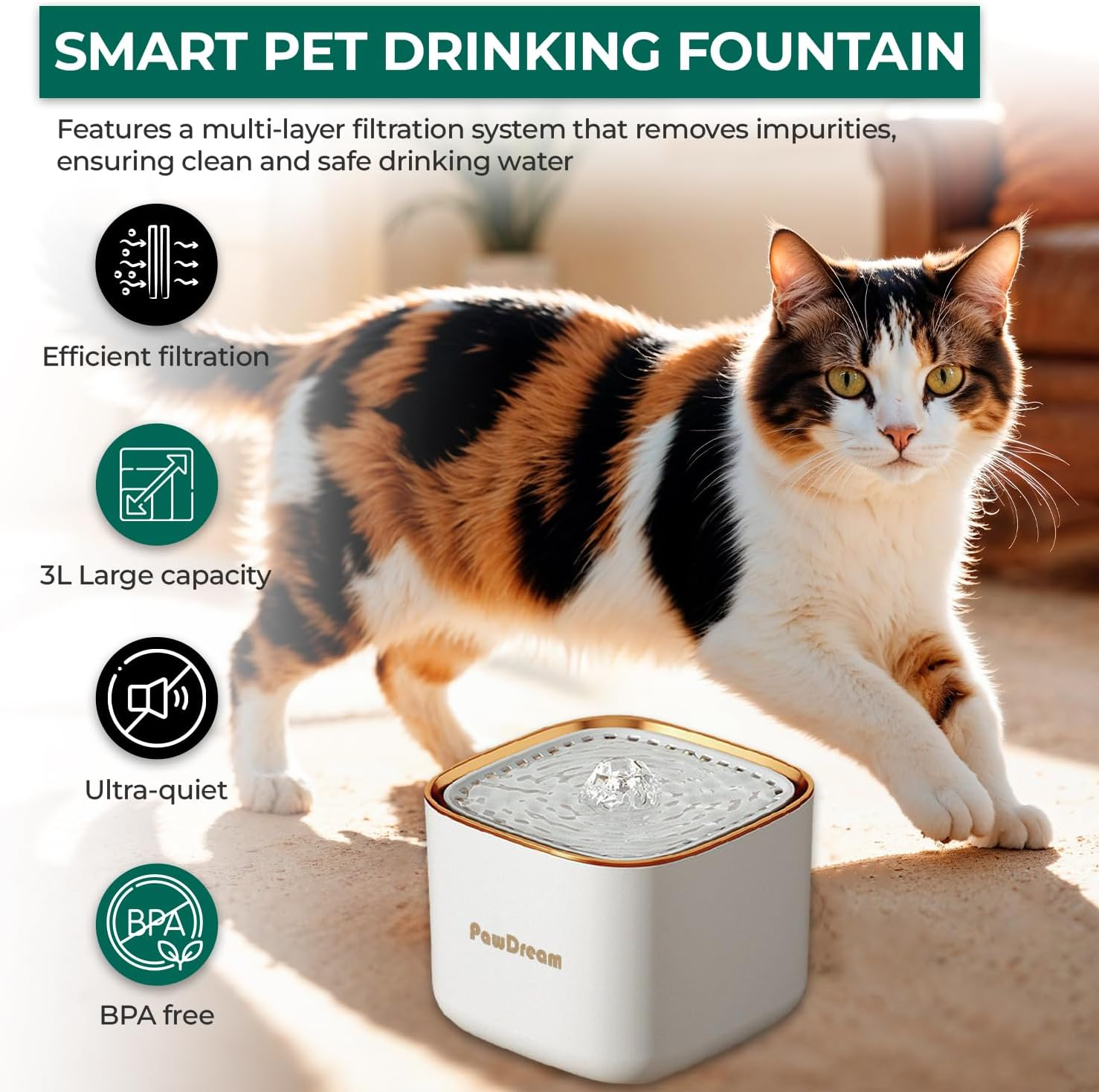 Smart Cat Water Fountain for Dogs & Cats | 3Liters Large Capacity Portable & Lightweight Pet Fountain with Ultra-Quiet Filtration,Dry-Run Protection & AU Plug Included | Ideal for Multi-Pet Households - Grey image number 4