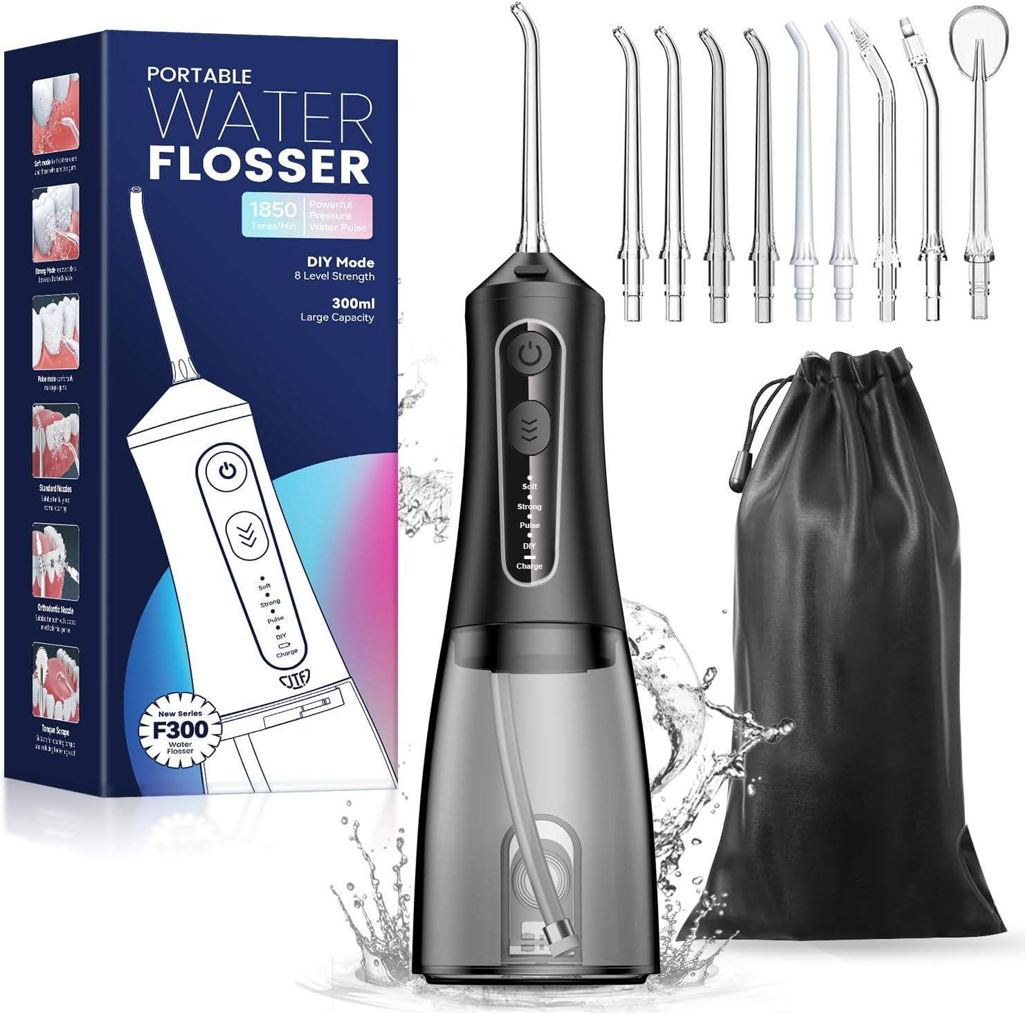 JTF Water Flosser Cordless for Teeth - 4 Modes 9 Jet Tips Portable Dental Floss, 300Ml Teeth Water Jet Cleaner, USB Rechargeable Ipx7 Waterproof Oral Irrigator Tools for Home Travel(White)