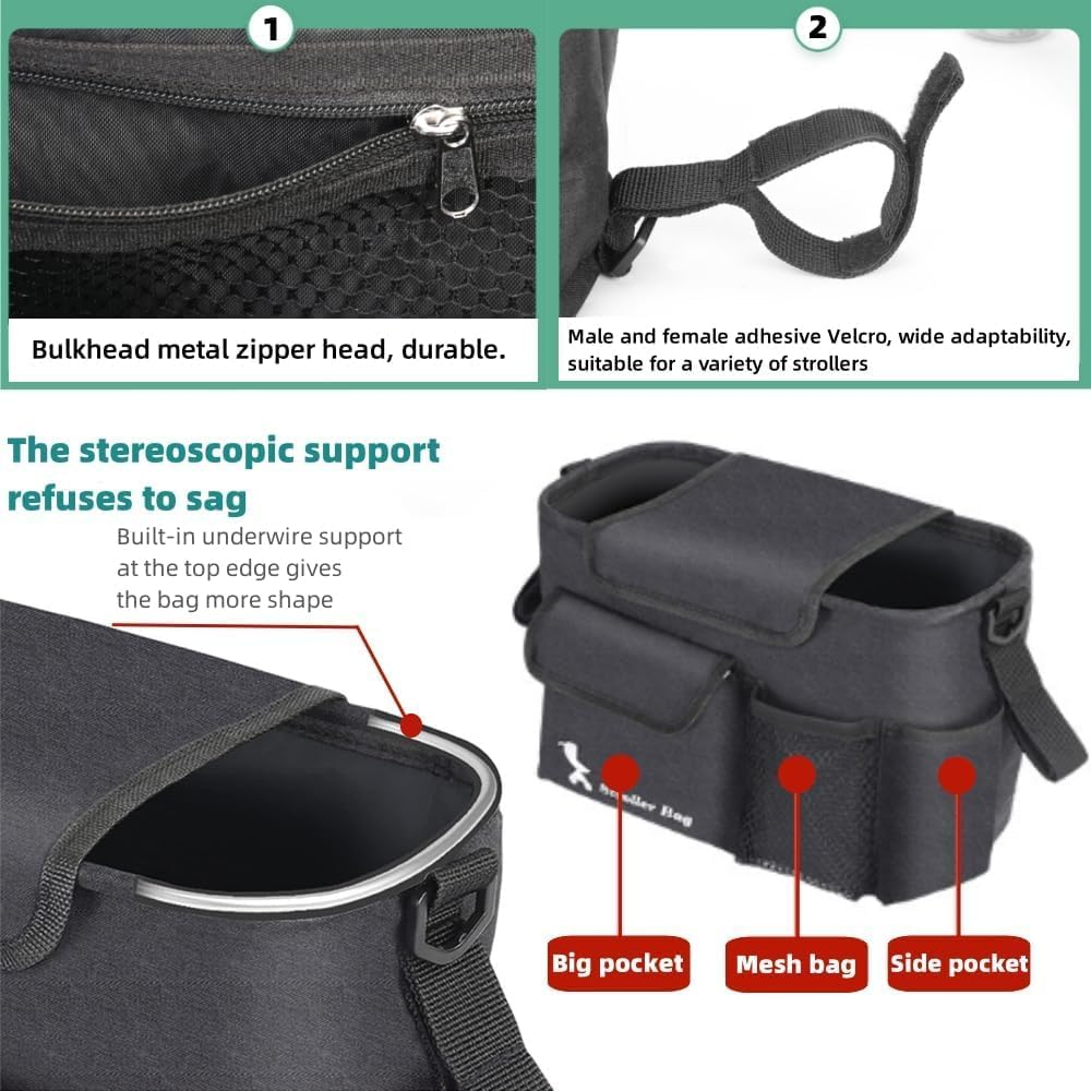 Universal Pram Organiser | Large Pram Organiser| Smart Moms Storage Bag Diaper Toys Keys Stroller Accessories | Kodra Fabric | Detachable Shoulder Straps Water Resistant Safe and Durable | Black image number 2