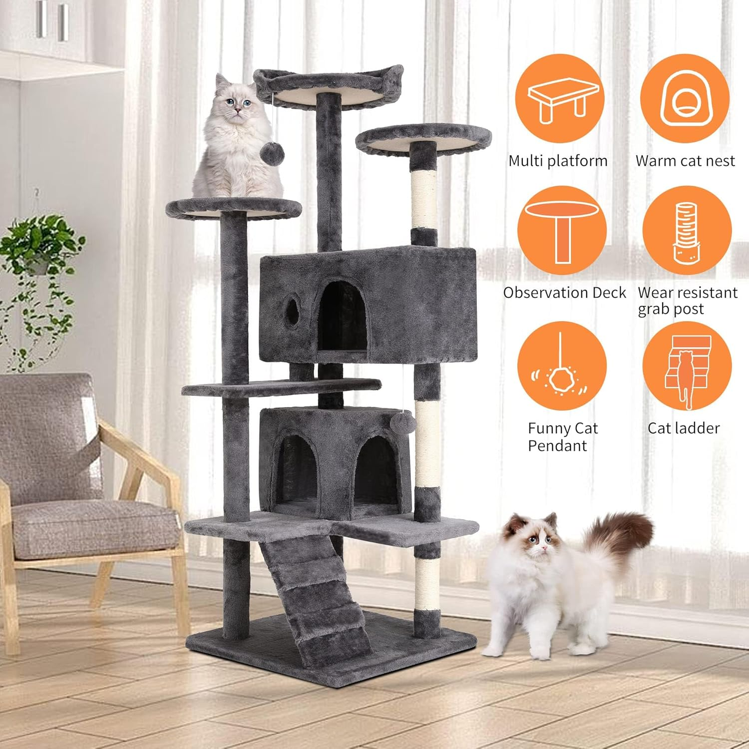 ZERIFAM 130Cm Cat Tree, Large Cat Tower Condo for Indoor Cats with Sisal Scratching Post, Soft Plush Multi-Level Climbing Tree Cat House with Climbing Ladder and Pompoms image number 6