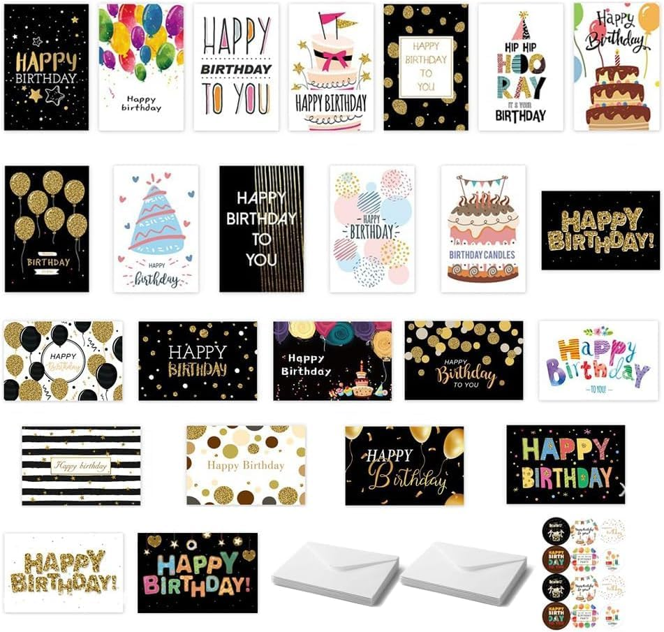 24 PCS Birthday Card, Birthday Card Pack, Birthday Cards Bulk, Funny Birthday Card, with Envelopes and Matching Sealing Stickers,For Family, Kids, Friends, Work & Office Celebrations