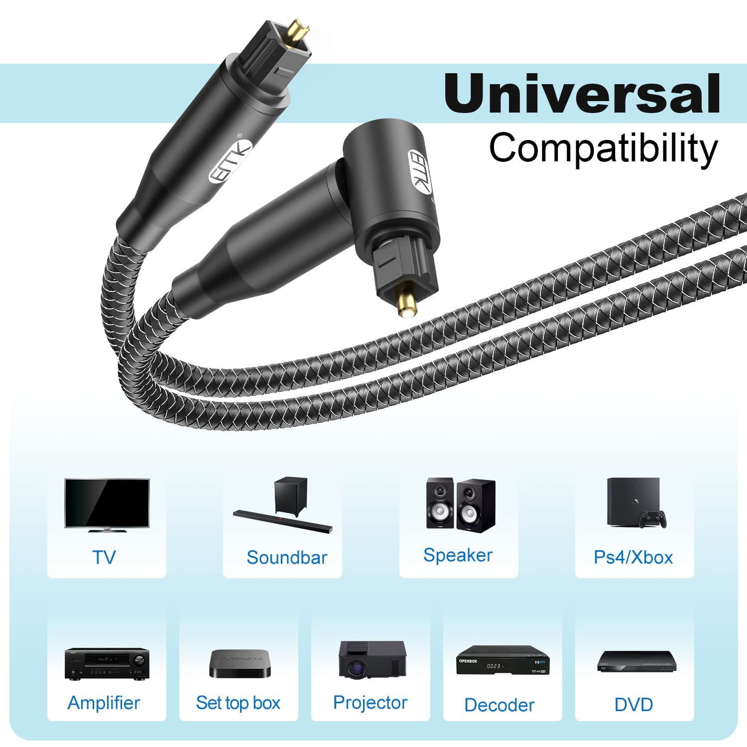 EMK Right Angle Optical Audio Cable Digital Toslink Cables (Gold-Plated Joint, 90 Degree Fiber Optic, SPDIF to TOSLINK, Corner Plug Optic) Optical Cable for Soundbar to TV, DVD, Speaker (0.3M) image number 3