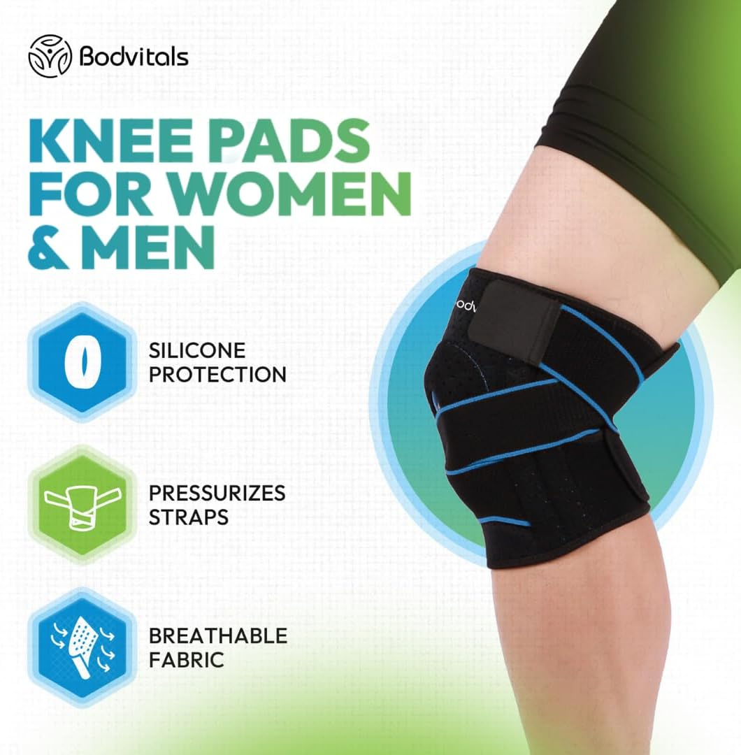 BODVITALS Knee Sleeve with Straps for Women & Men | Adjustable Knee Pads for Women & Men | Knee Compression Sleeve for Exercises | Knee Support for Weightlifting & Outdoor Sports Activities