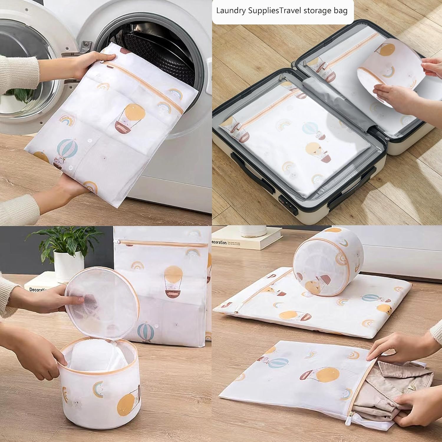 AUXIN 6 Pcs Durable Honeycomb Mesh Laundry Bags, Laundry Bra Lingerie Cute Balloon Printing Mesh Wash Bags for Delicates image number 1