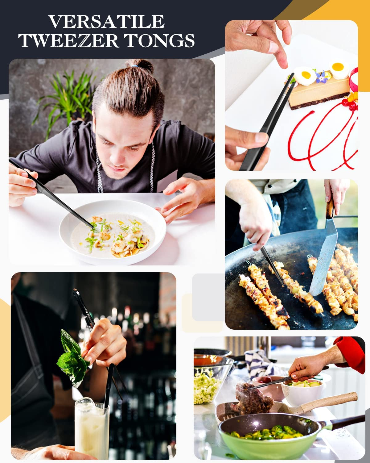 2 Pcs 12-Inch Cooking Tweezers Tongs Precision Serrated Tips, Stainless Steel Professional Chef Tweezer Kitchen Tools for BBQ, Plating and Serving (Black) image number 3