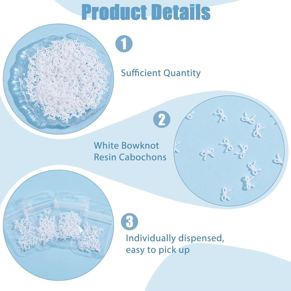 Hobbspring Pack of 500 Mini Bows for Crafts Resin White Bow Decorations 3D Resin Bow Cute Bow Nail Jewellery Accessories for DIY Nail Art Greeting Cards Picture Frame Accessories image number 2