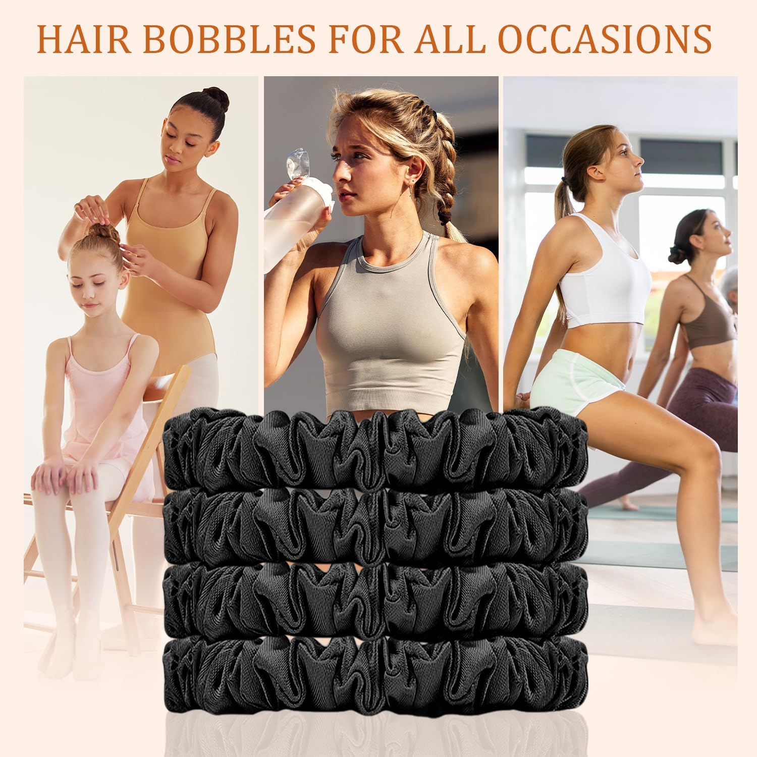 4 Pcs Silk Scrunchies | Silk Hair Ties | Satin Scrunchies | Elastic Hair Bands | Hair Bobbles | Hair Scrunchies for Women | Hair Ties No Damage | 4 Pcs Black Hair Ties image number 1