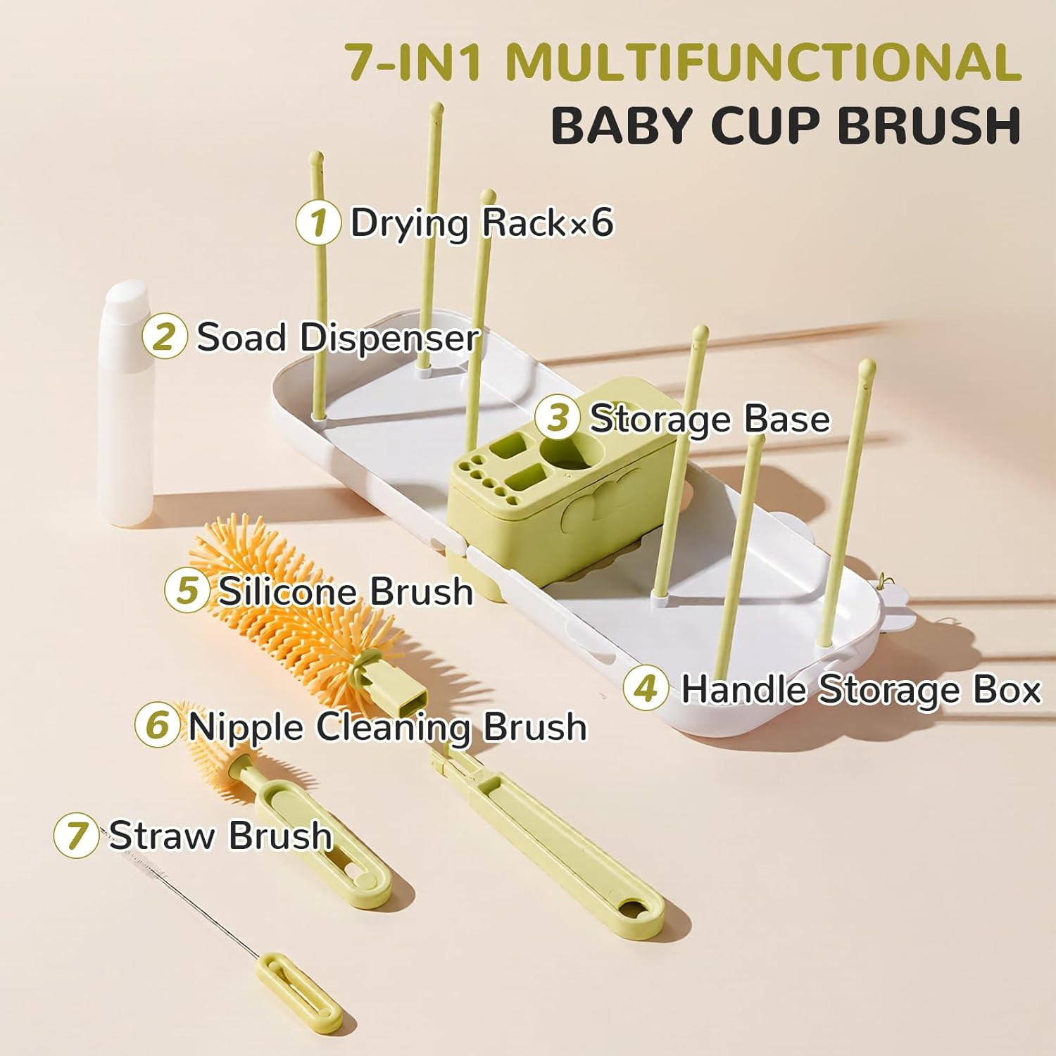 Uandhome Portable Bottle Brush Set,7 in 1 Bottle Cleaner Brush Kit with Silicone Bottle Brush,Nipple Cleaning Brush,Straw Brush,Soap Dispenser,Storage Box,Bottle Drying Rack for Home and Travel