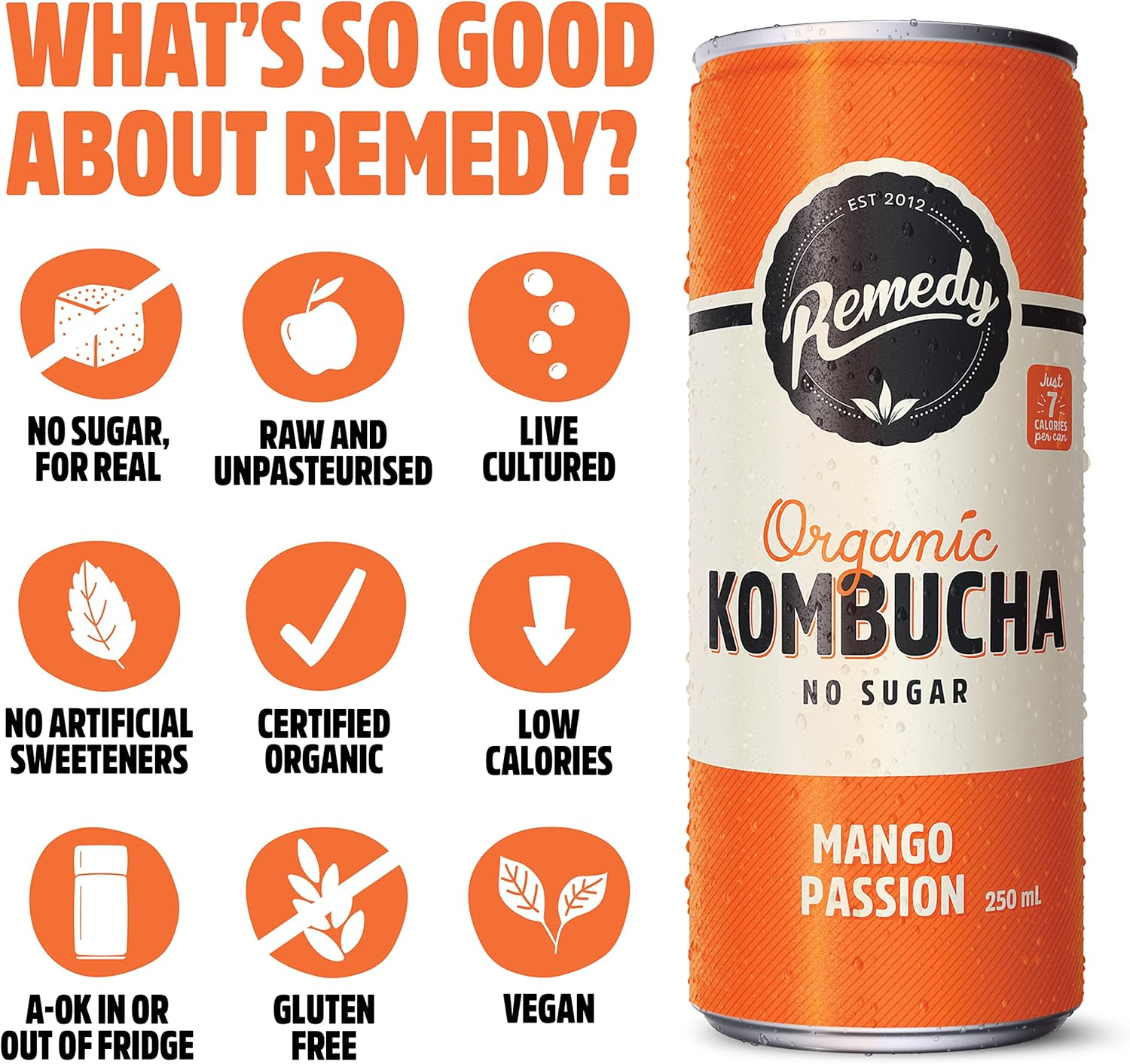 Remedy Kombucha - Organic Sparkling Live Cultured Drink - No Sugar Mango Passion - 24X250Ml Can Case image number 4