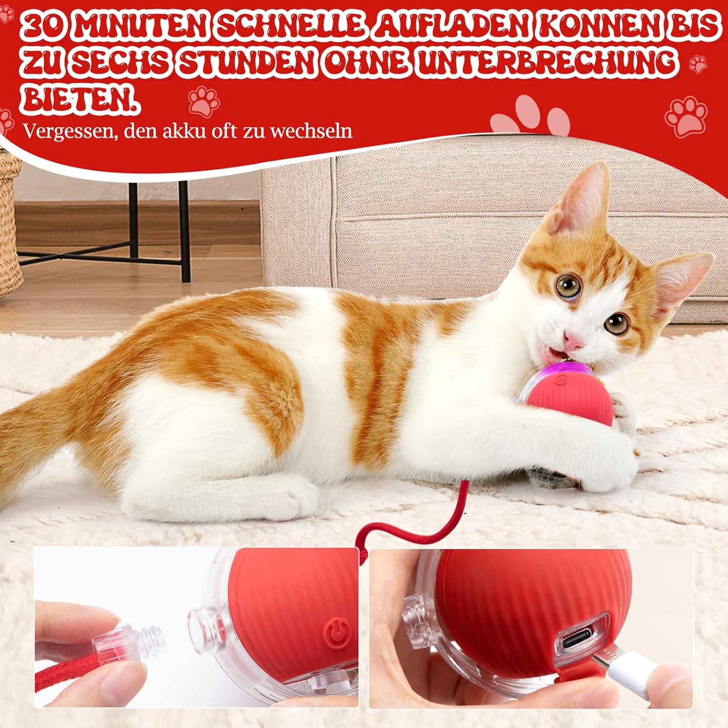 Interactive Cat Toys for Indoor Cats - Interactive Puppy Toys Ball with Tail,Realistic Bird Chirping,Smart Obstacle Avoidance and Auto Restart,Cat Puzzle Toys for Bored Indoor Adult Cats&Dog (Red) - Red image number 2
