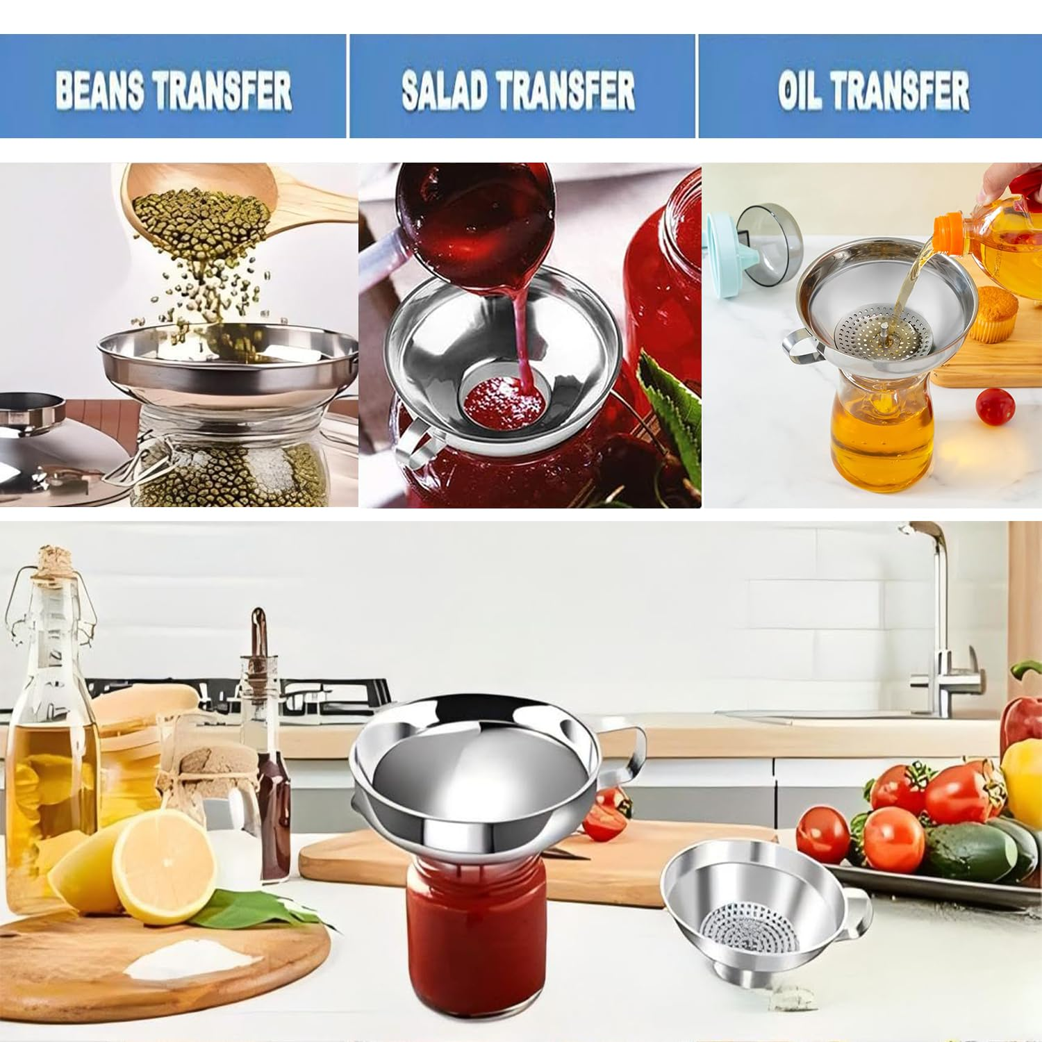 Yharnamite 2 Pcs Canning Funnel with 1 Pcs Strainer, Wide Mouth Metal Funnels for Kitchen Use, Stainless Steel Funnels for Filling Bottles image number 2