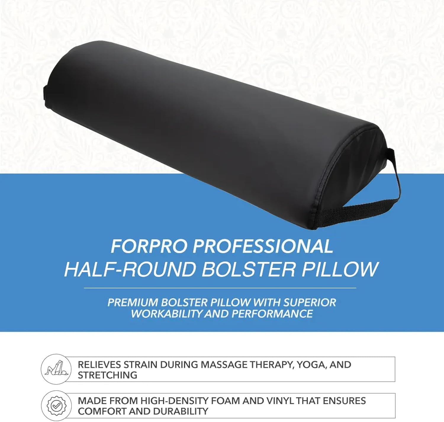 Forpro Premium Jumbo Half-Round Bolster Pillow for Massage and Yoga, Oil and Stain-Resistant, 9&rdquo;W X 4.5" H X 26&rdquo;L, Black, Black, 9&rdquo; W X 4.5" H X 26&rdquo; L image number 2