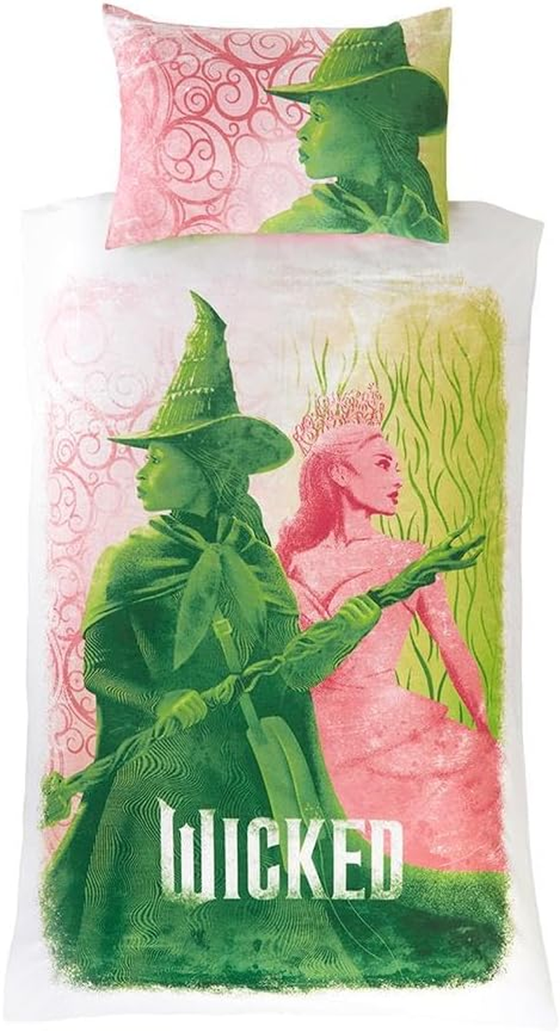 Wicked Glenda & Elphaba Reversible 2 in 1 Design Single Duvet Cover and Pillowcase Set - Polycotton Material -Washable Perfect for Children, Kids, Girls in a Pink and Green Colorway image number 2