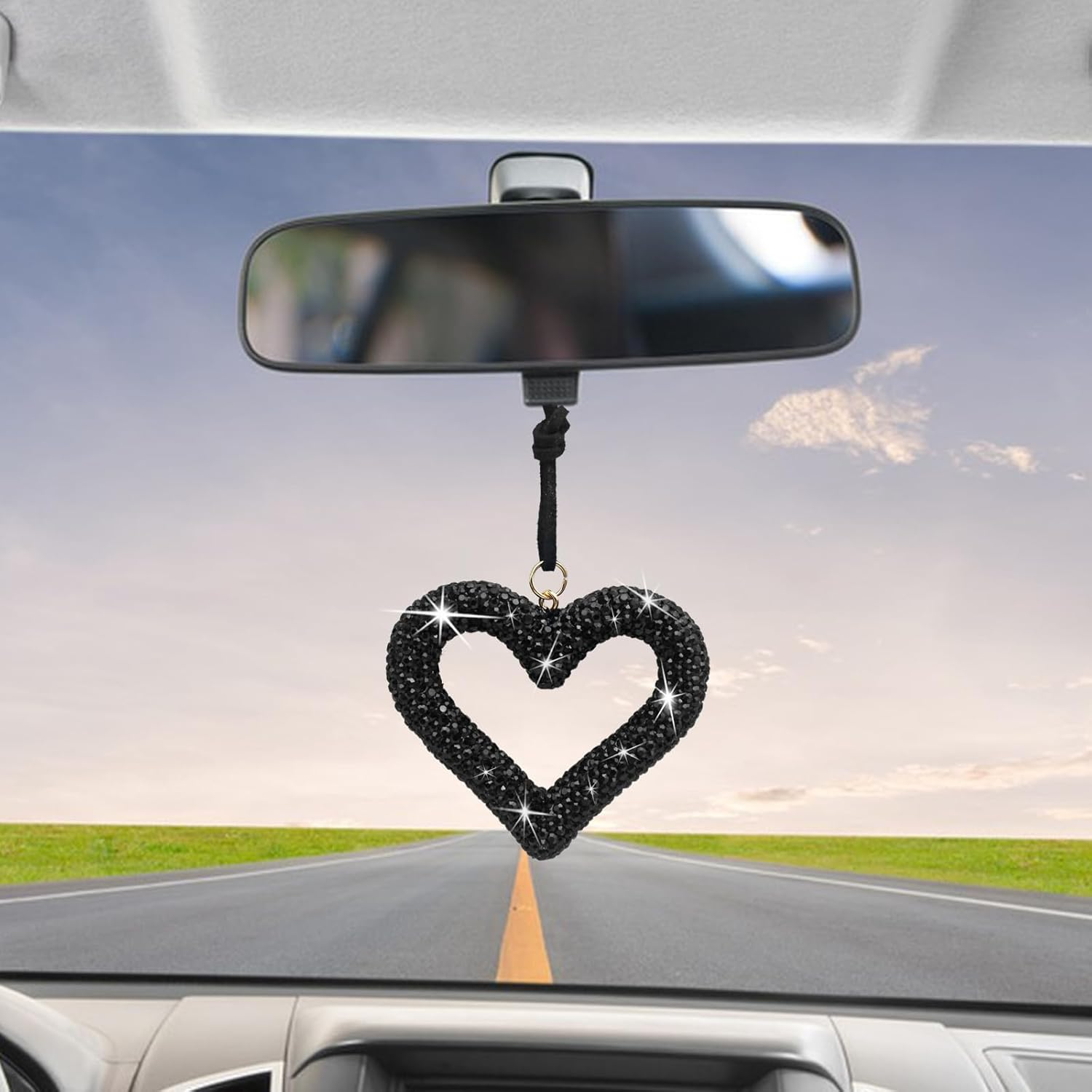 2Pcs Rear View Mirror Accessories, AIFUDA Bling Heart Car Hanging Accessories Crystal Rhinestone Auto Interior Hanger Decoration for Women Girls(Black,Pink)