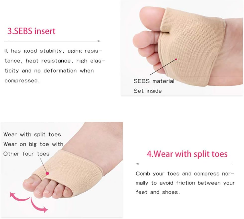 Metatarsal Gel Sleeve Pads Half Toe Bunion Sole Forefoot Cushion Half Socks Prevent Calluses Blisters Feet Care Tool (One Size Fit Most Women&Men, Beige) - Beige+Black image number 5