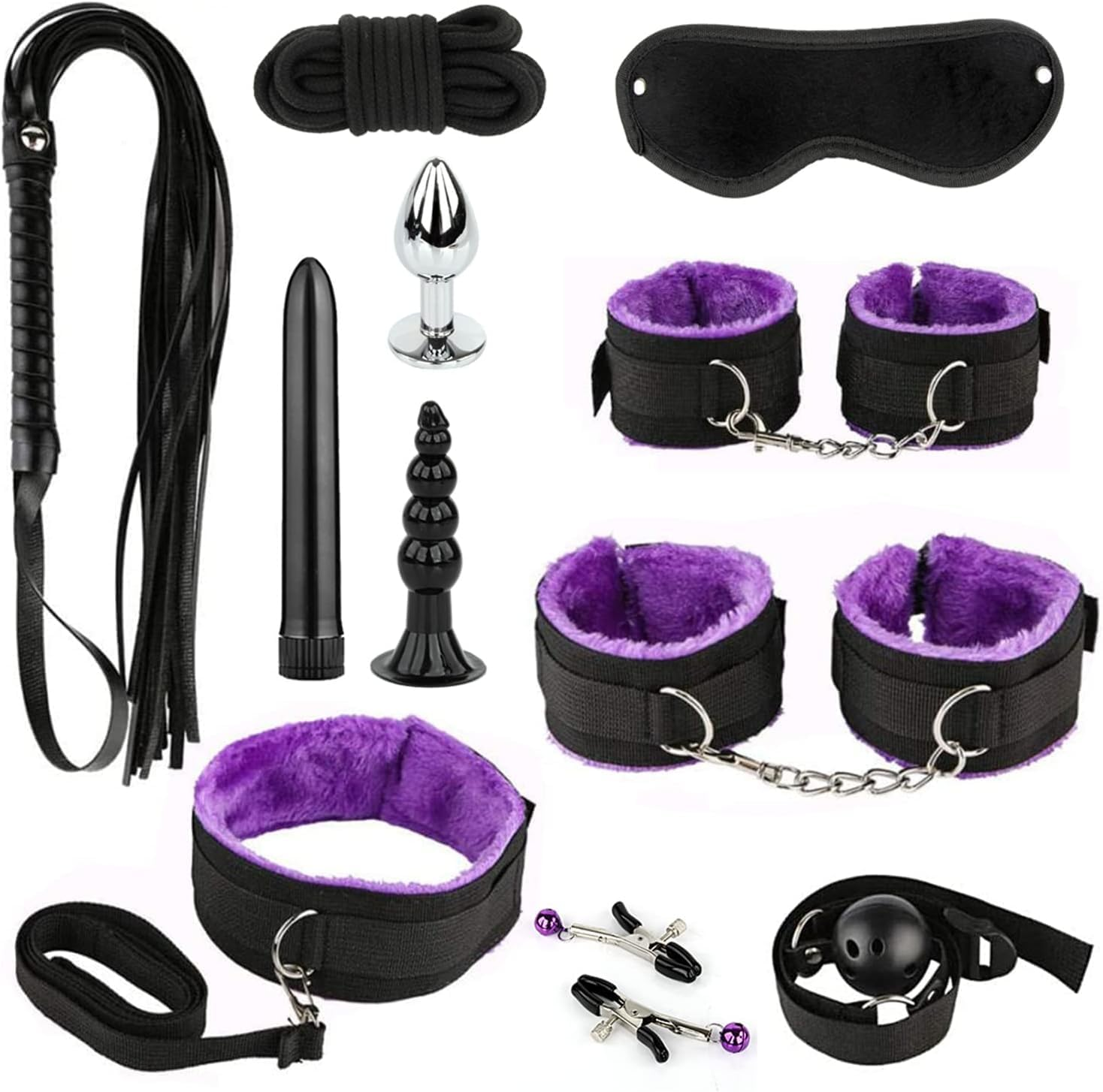 11PCS Bondage Set Erotic Suit Sex Bondage Toys for Couples Bed Restraints Set Adjustable Neck and Leg Cuffs Kit Sexy Swing Sex Restraintants Set with Anal Plug Trainer Kit (Red) (Purple)