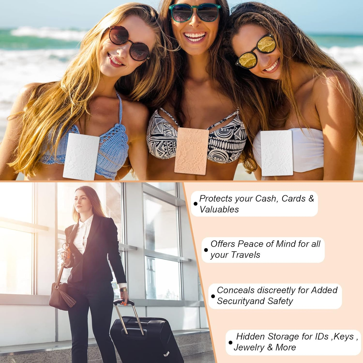 Saintrygo 2 Pcs Bra Wallet Lace Women Travel Bra Pocket Pouch Breathable Latent Wallet Secret Pocket Discrete Latent Travel Pouch Money Belt for Wome, White, Beige, Hidden Bra Wallets image number 1