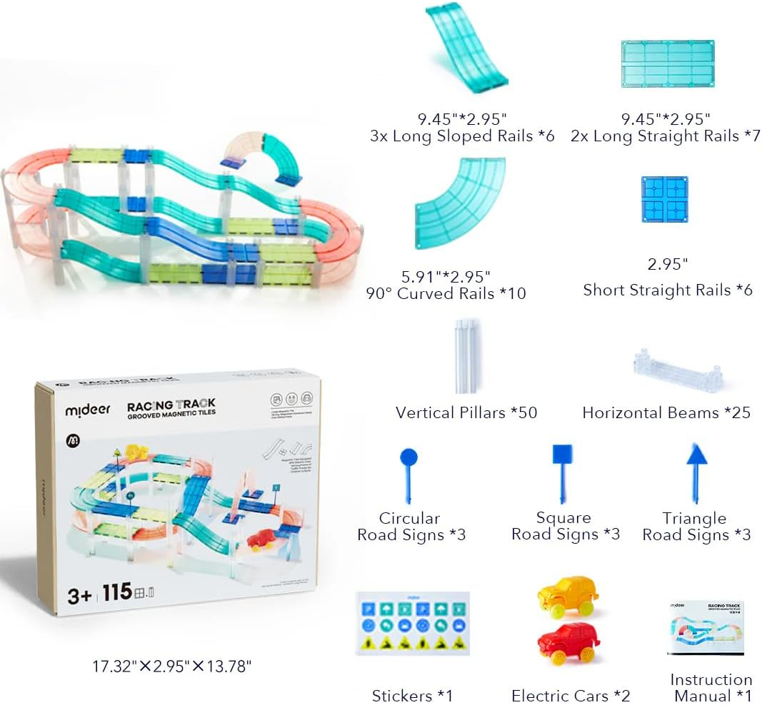 Magnetic Tiles Road Set 115 PCS, Mideer Magnetic Building Blocks with Car for Toddler Kids Toys, Montessori Educational Toys 3+ Year Old Boys & Girls Gifts image number 1