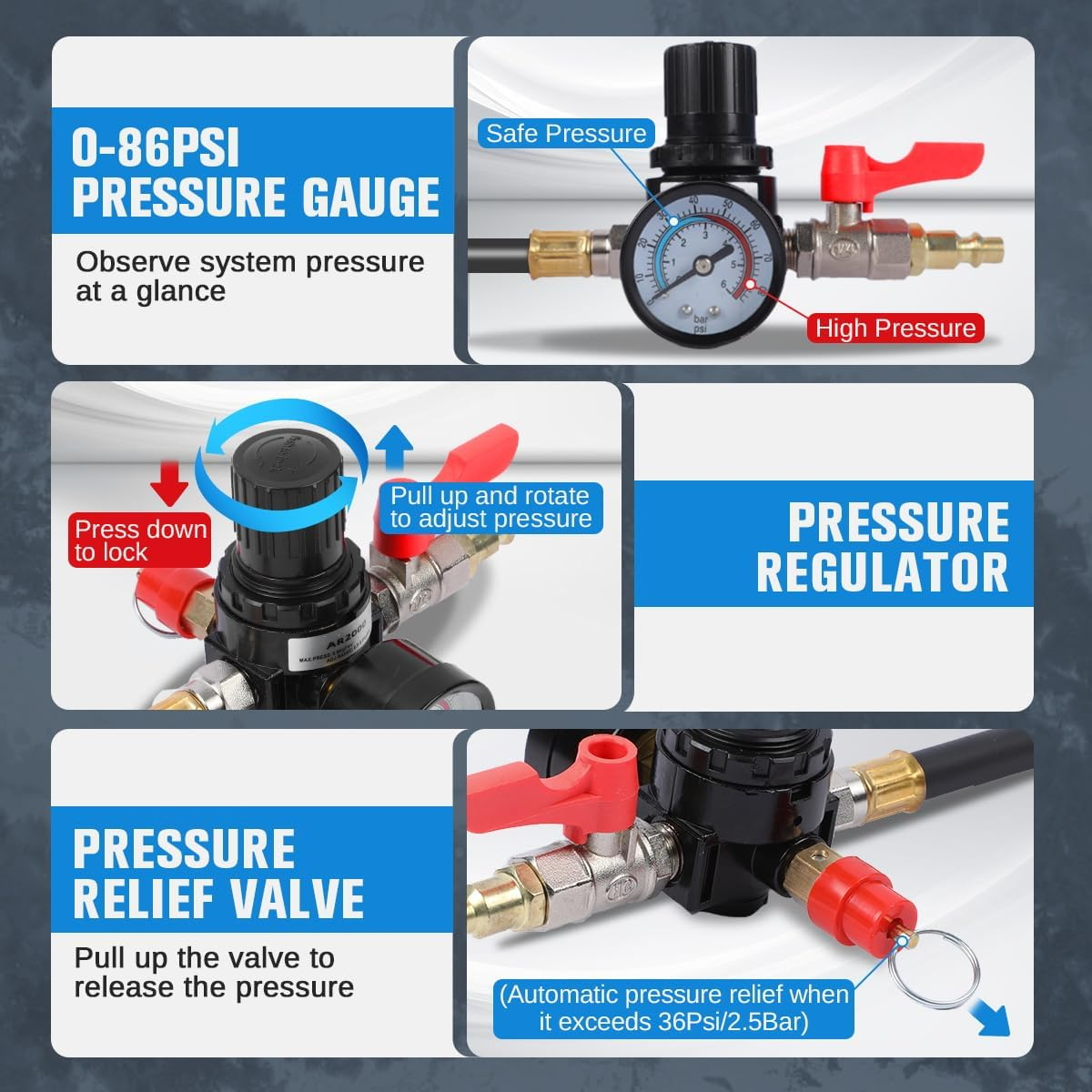 Turbo Boost Leak Tester Kit 10PC Boost Leak Tester Automotive Well-Sealed Turbo/Emission/Cooling System Pressure Leakage Tester with 4 Pairs of Stepped Adapters 1-3/8" to 3-1/2", US & EU Air Fitting image number 6